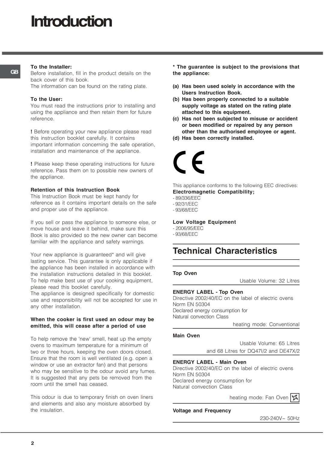 Hotpoint BD52P/2, DE47X/2, DQ47I/2, BD52K/2, BD52B/2, BD62SS/2 manual Introduction, Technical Characteristics 