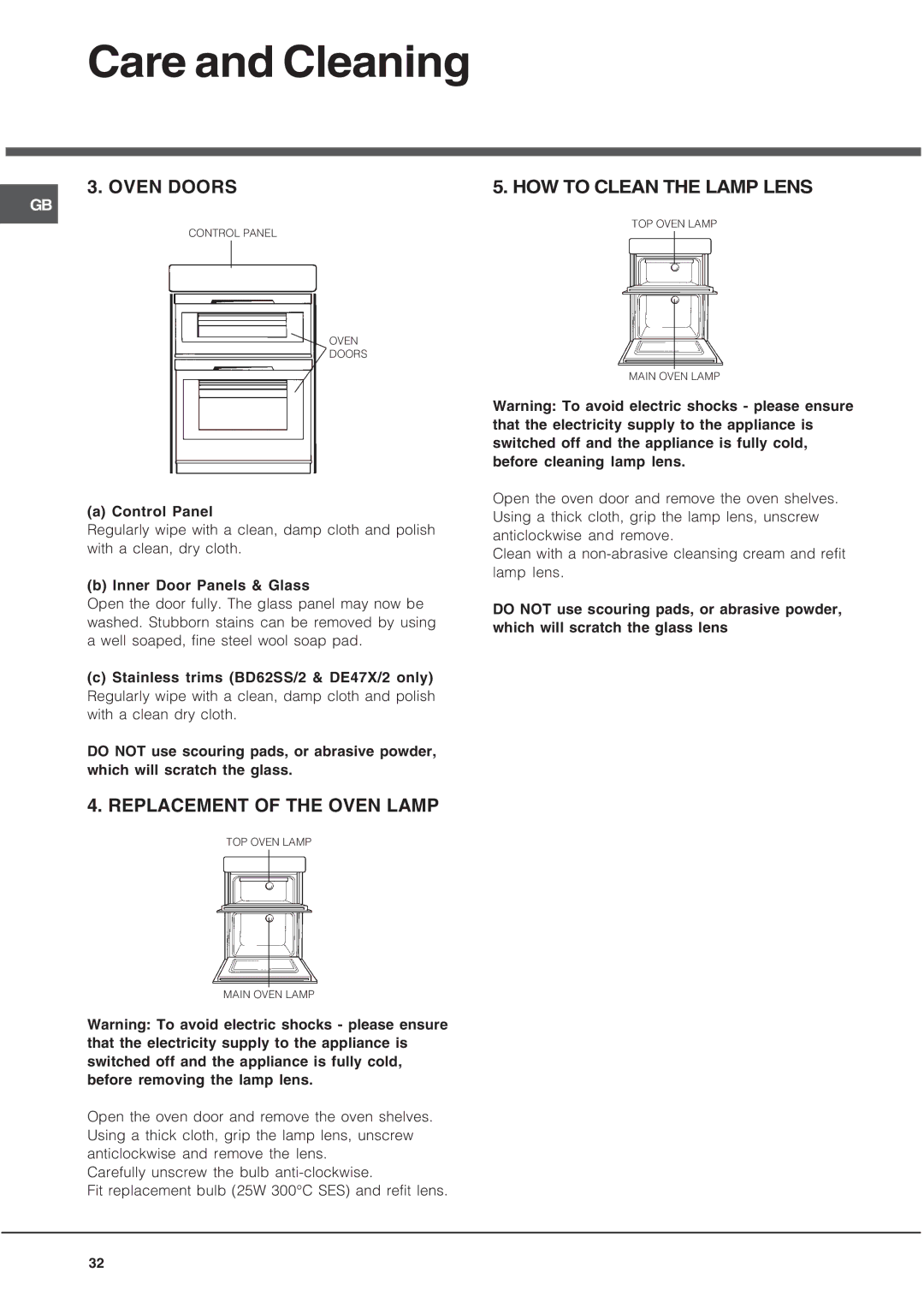 Hotpoint BD52P/2, DE47X/2, DQ47I/2, BD52K/2, BD52B/2 Oven Doors, Replacement of the Oven Lamp, HOW to Clean the Lamp Lens 