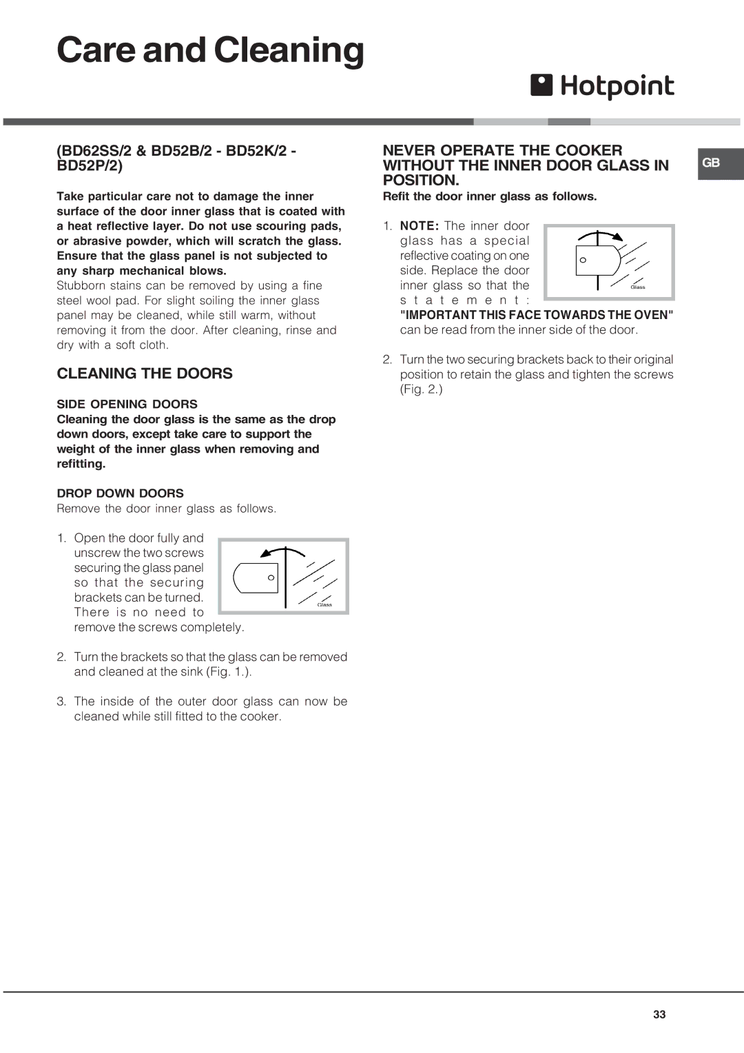 Hotpoint BD52K/2, DE47X/2, DQ47I/2, BD52P/2, BD52B/2, BD62SS/2 manual Cleaning the Doors, Side Opening Doors, Drop Down Doors 