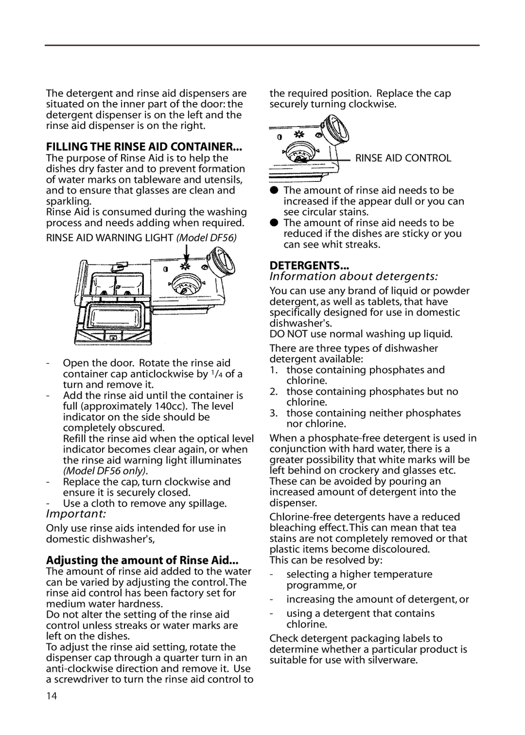 Hotpoint DF56, DF55 installation instructions Filling the Rinse AID Container, Detergents, Information about detergents 