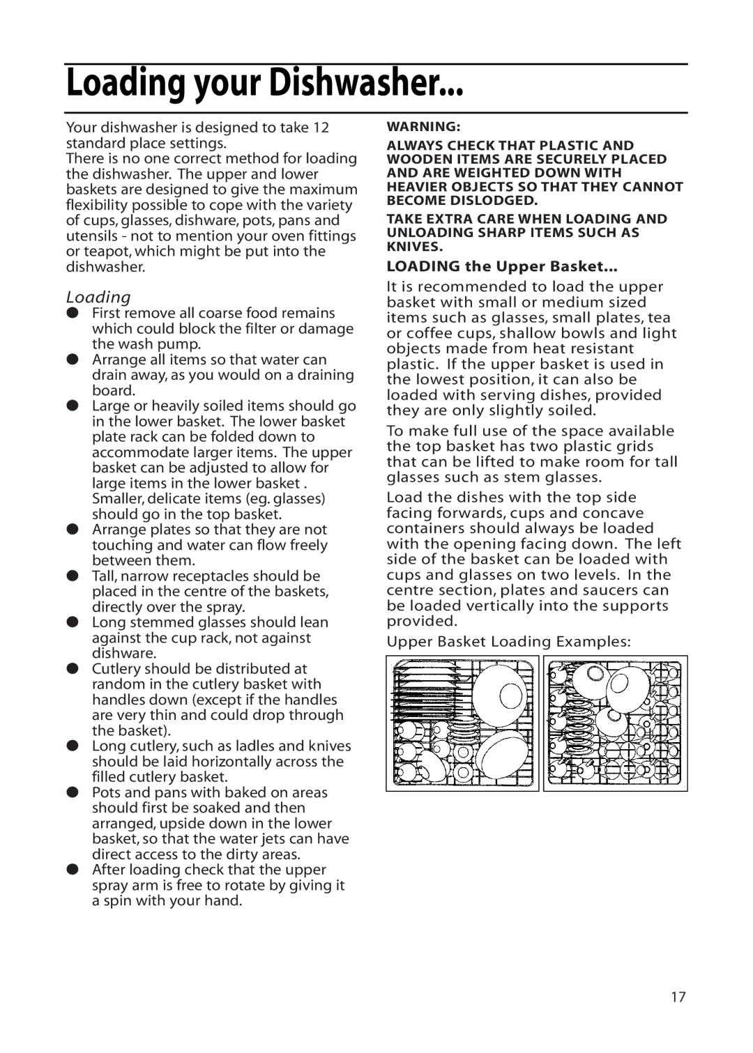 Hotpoint DF55, DF56 installation instructions Loading your Dishwasher, Loading the Upper Basket 