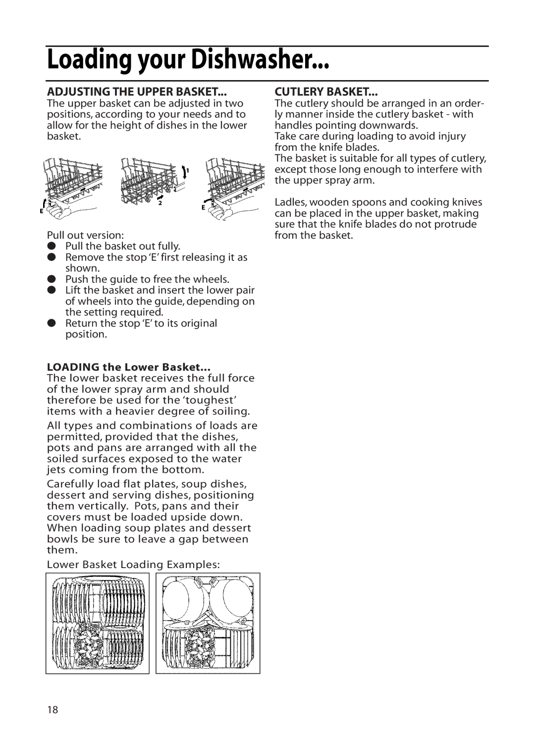 Hotpoint DF56, DF55 installation instructions Adjusting the Upper Basket, Cutlery Basket, Loading the Lower Basket 