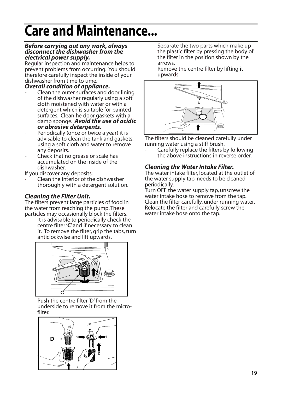 Hotpoint DF55, DF56 installation instructions Care and Maintenance, Overall condition of appliance, Cleaning the Filter Unit 