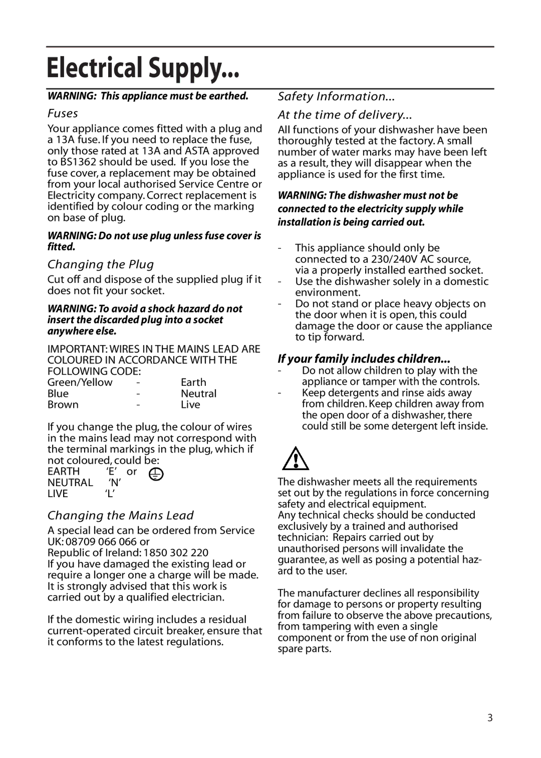 Hotpoint DF55, DF56 installation instructions Electrical Supply, If your family includes children 