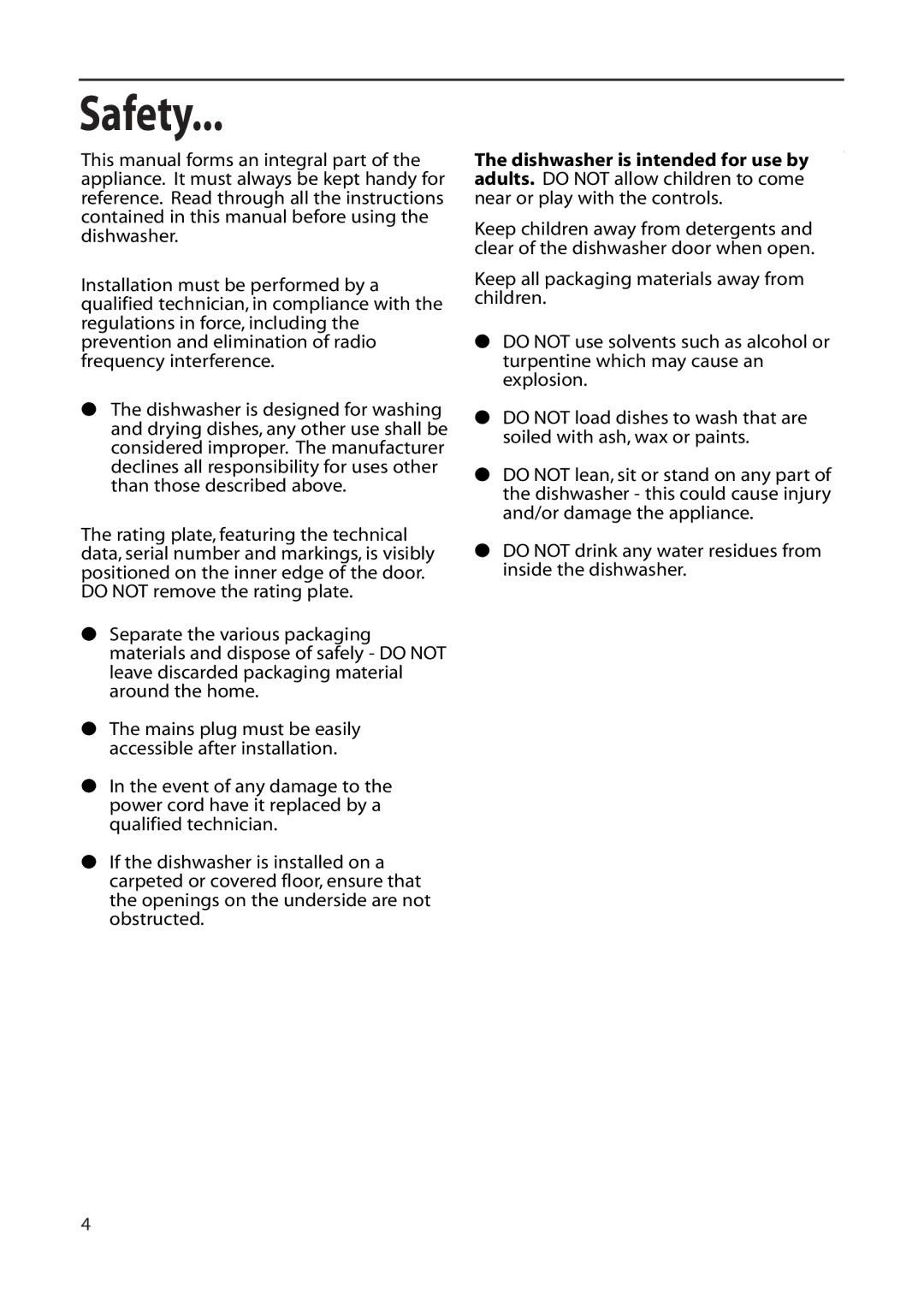 Hotpoint DF56, DF55 installation instructions Safety 