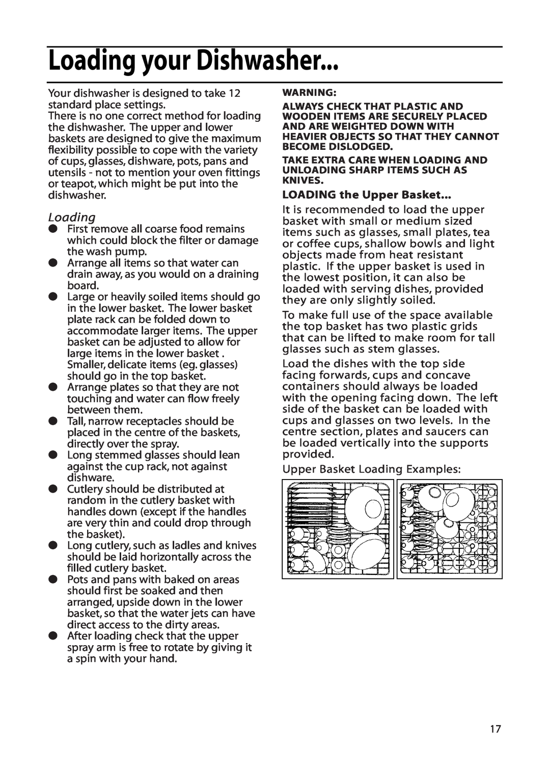 Hotpoint DF55, DF56 installation instructions Loading your Dishwasher, LOADING the Upper Basket 