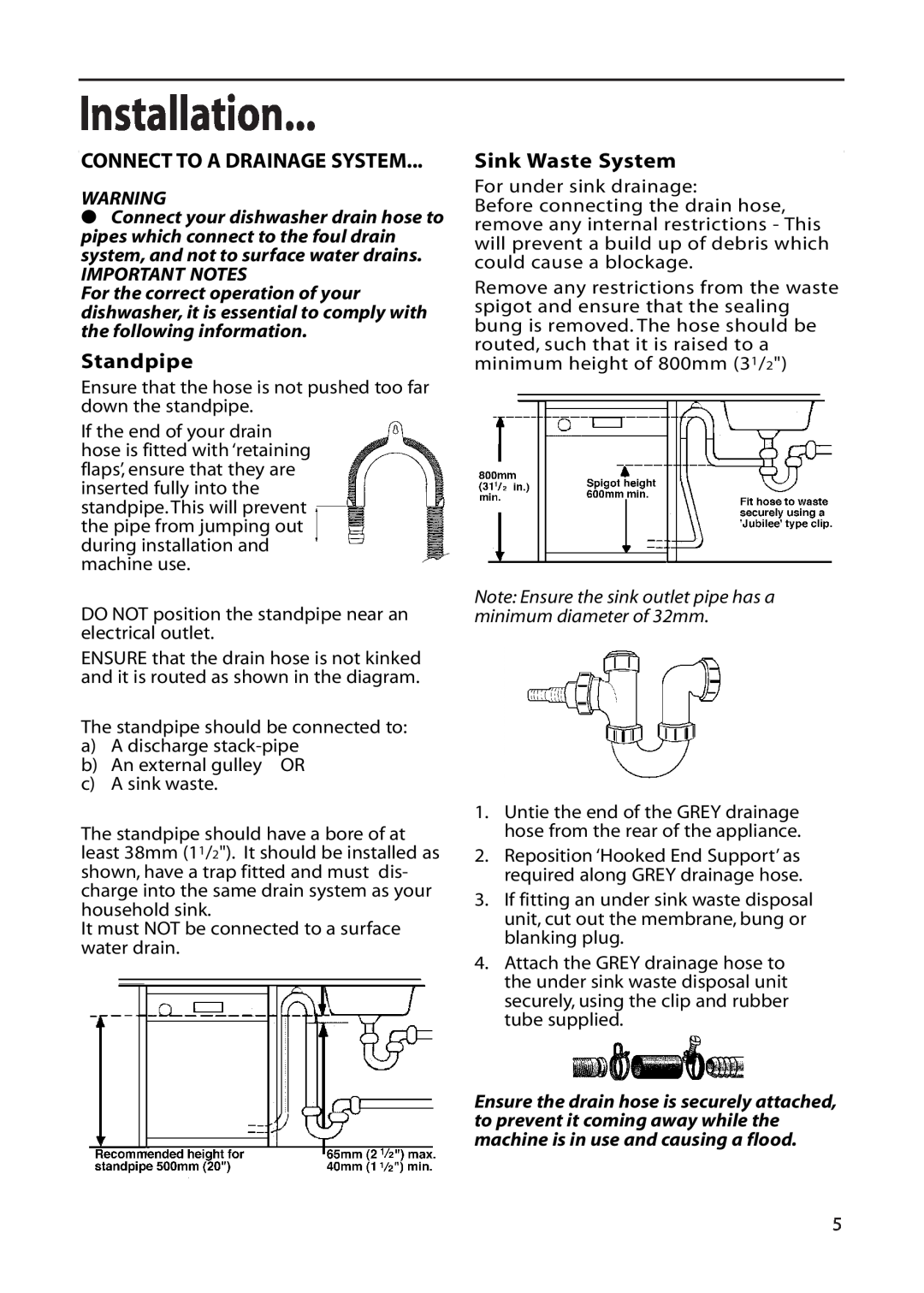 Hotpoint DF55, DF56 installation instructions Installation, Connect To A Drainage System, Standpipe, Sink Waste System 