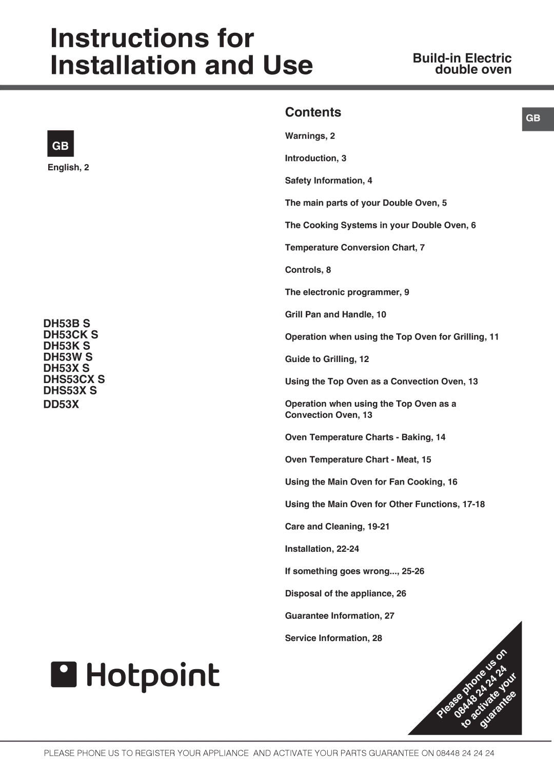 Hotpoint DH53W S, DH53X S, DH53K S, DH53CK 2, DH3B S, DH53CXS manual Instructions for Installation and Use, Contents 