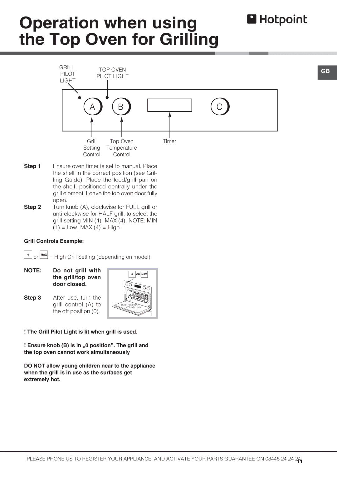 Hotpoint DH53CK 2, DH53X S, DH53W S, DH53K S, DH3B S Operation when using the Top Oven for Grilling, Grill Controls Example 