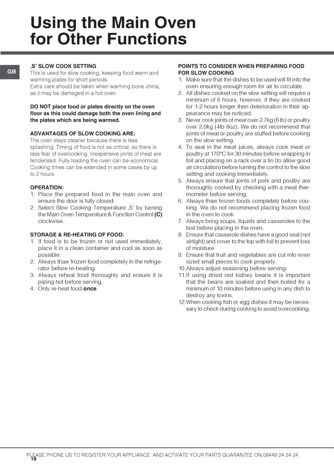 Hotpoint DH53CK 2, DH53X S ‚S’ Slow Cook Setting, Advantages of Slow Cooking are, Operation, Storage & RE-HEATING of Food 