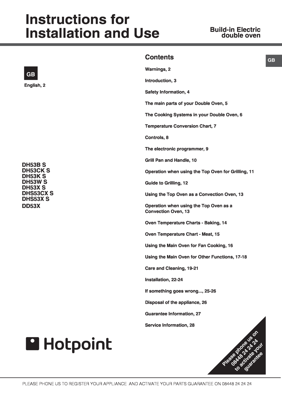 Hotpoint DH53W S manual Instructions for Installation and Use, Build-in Electric double oven, Contents, DD53X, English 