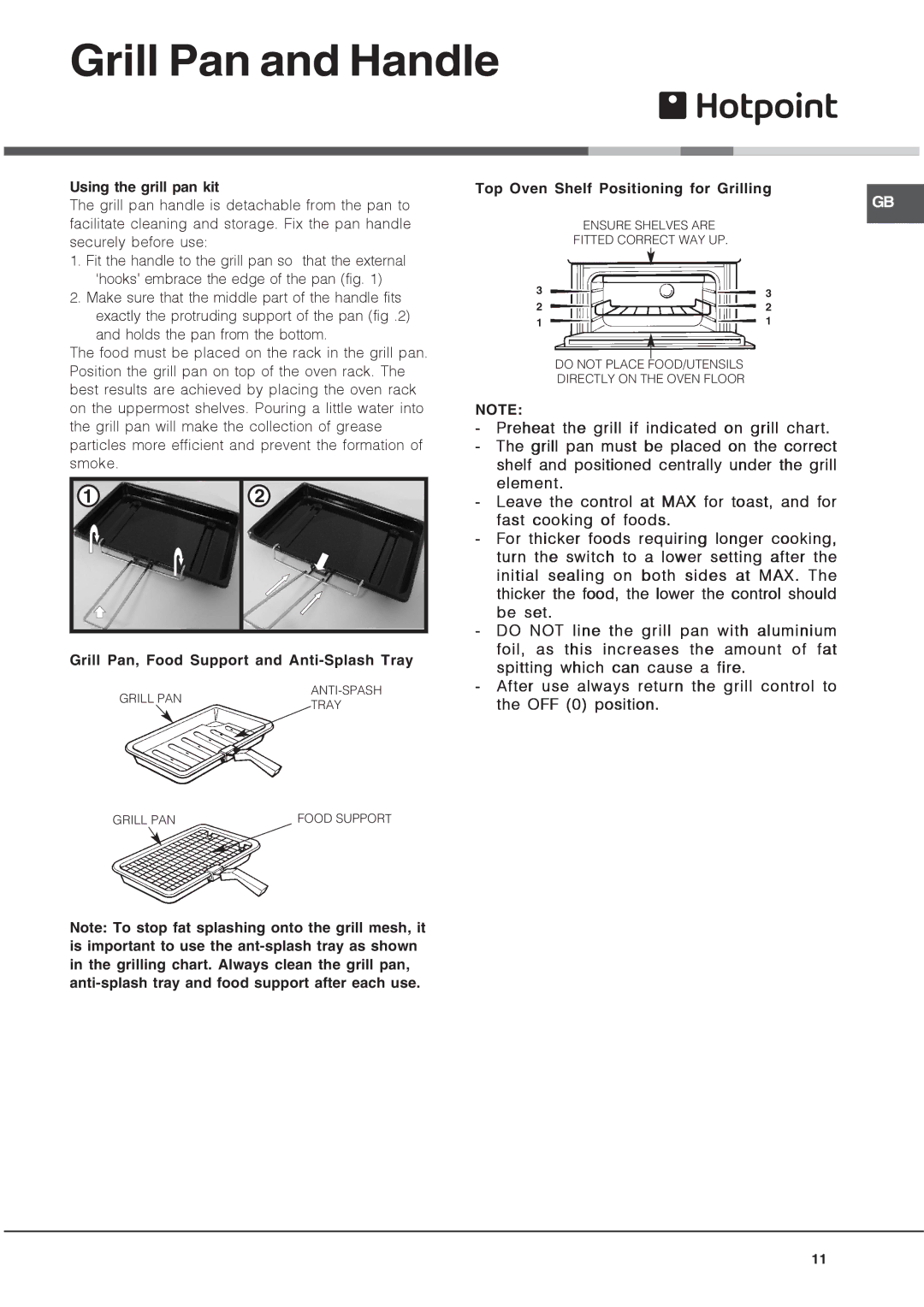 Hotpoint DH 93 CX, DH93 K manual Grill Pan and Handle, Using the grill pan kit, Grill Pan, Food Support and Anti-Splash Tray 