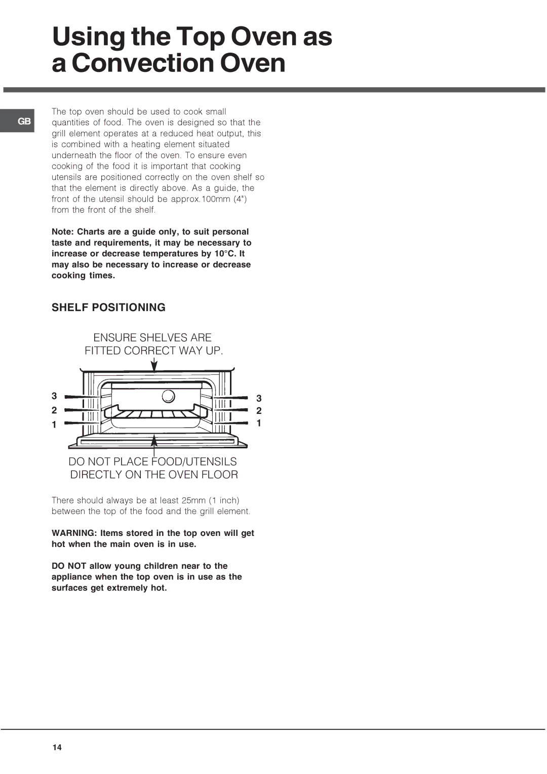 Hotpoint DH 93 CX, DH93 K, DH93 X manual Using the Top Oven as a Convection Oven, Shelf Positioning 