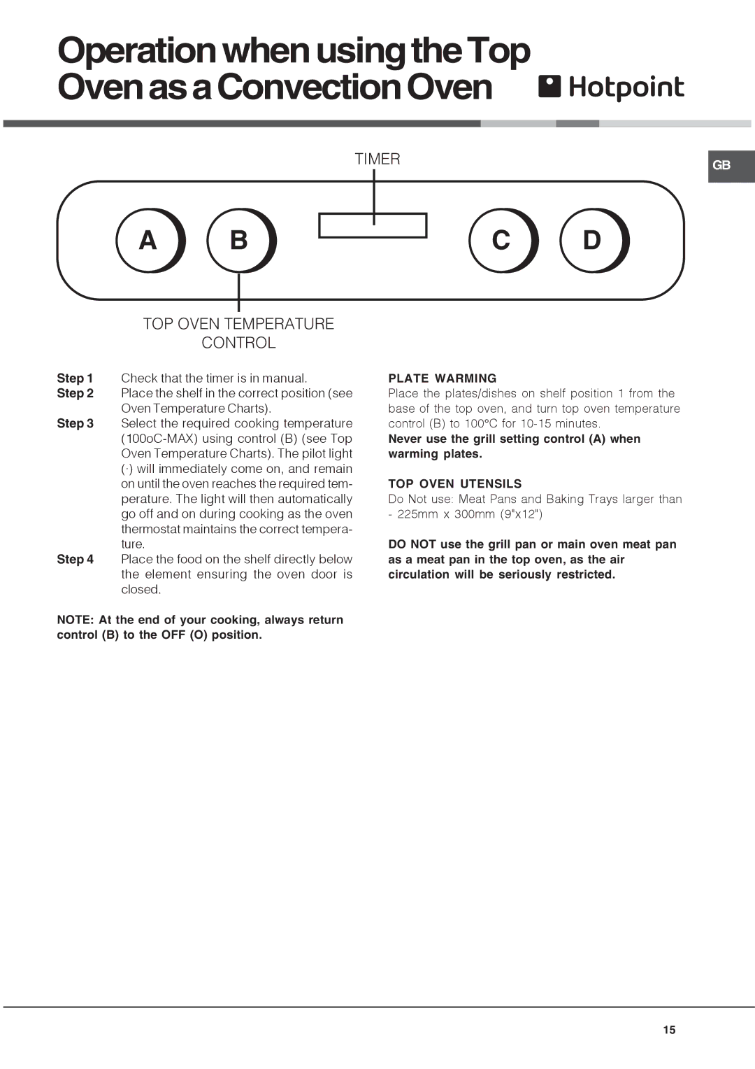 Hotpoint DH93 K, DH93 X, DH 93 CX OperationwhenusingtheTop OvenasaConvectionOven, Timer, Plate Warming, TOP Oven Utensils 