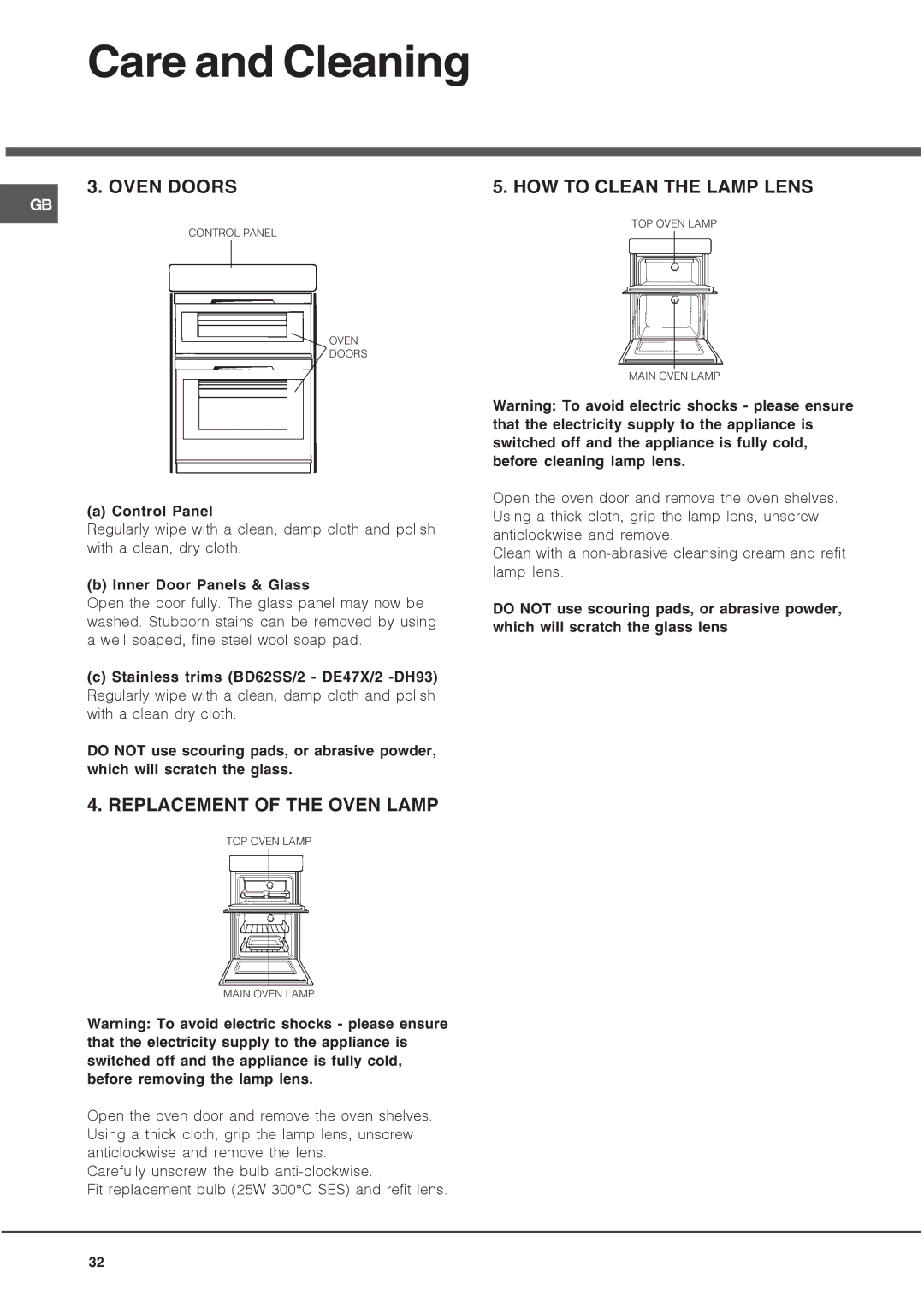 Hotpoint DH 93 CX, DH93 K, DH93 X manual Oven Doors, Replacement of the Oven Lamp, HOW to Clean the Lamp Lens, Control Panel 