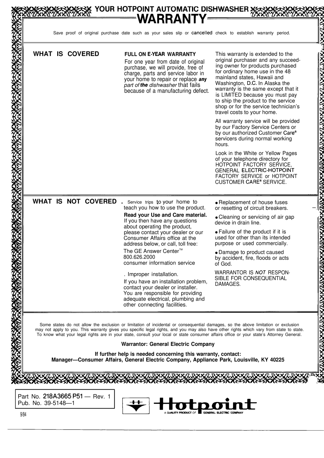 Hotpoint Dishwasher manual WARRANTy~Y, Part No A3665 P51 Rev Pub. No + ~ 