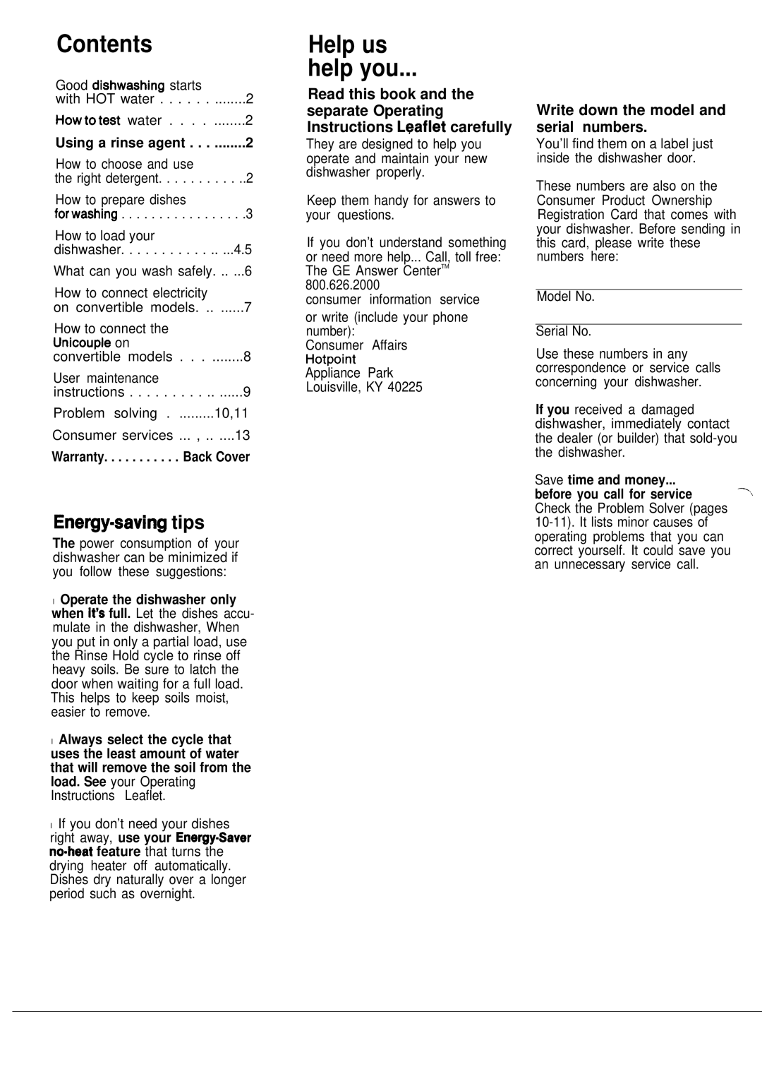 Hotpoint Dishwasher manual Contents, Help us Help you 