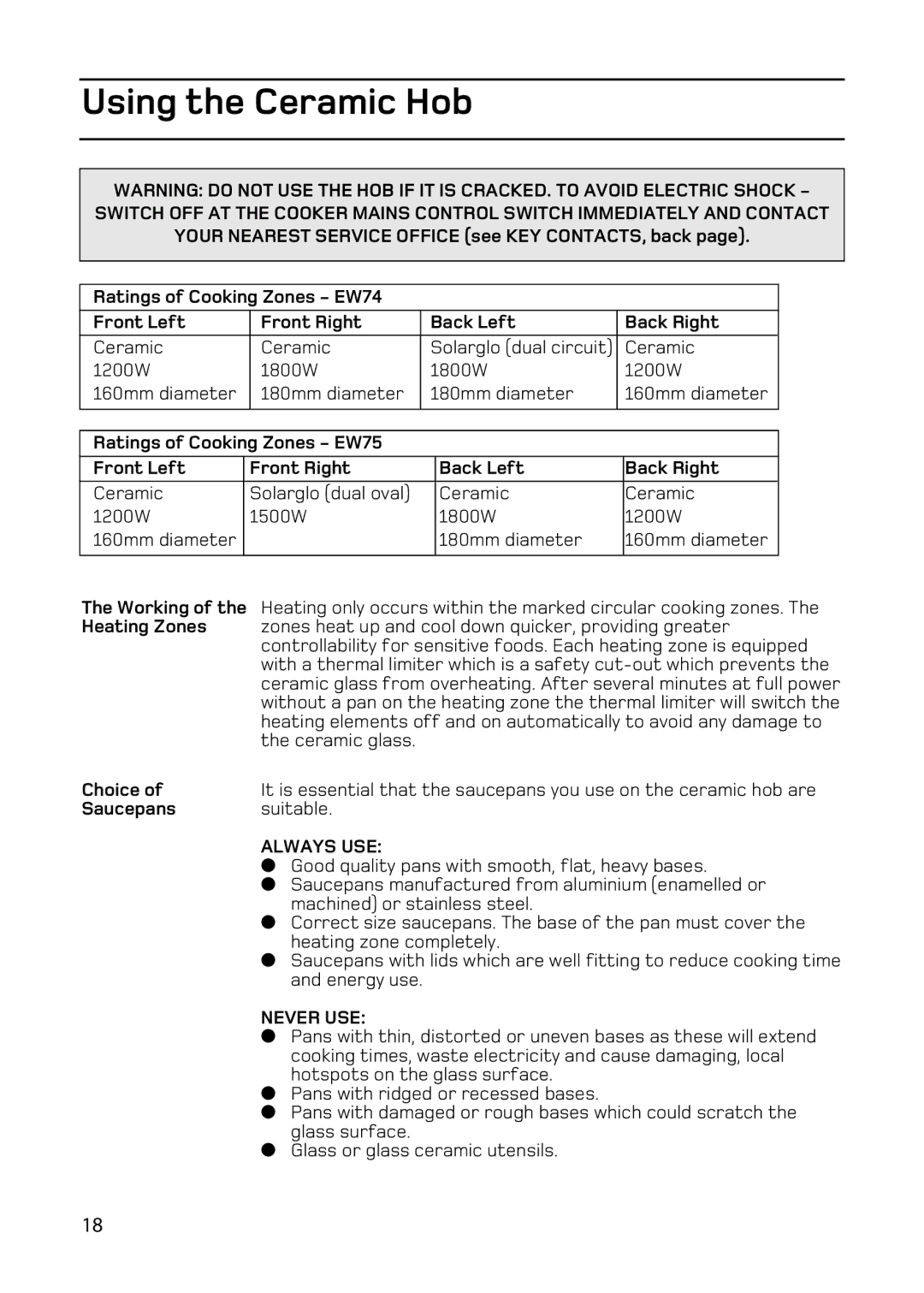 Hotpoint double oven cookers manual Using the Ceramic Hob, Choice, Saucepans Suitable 