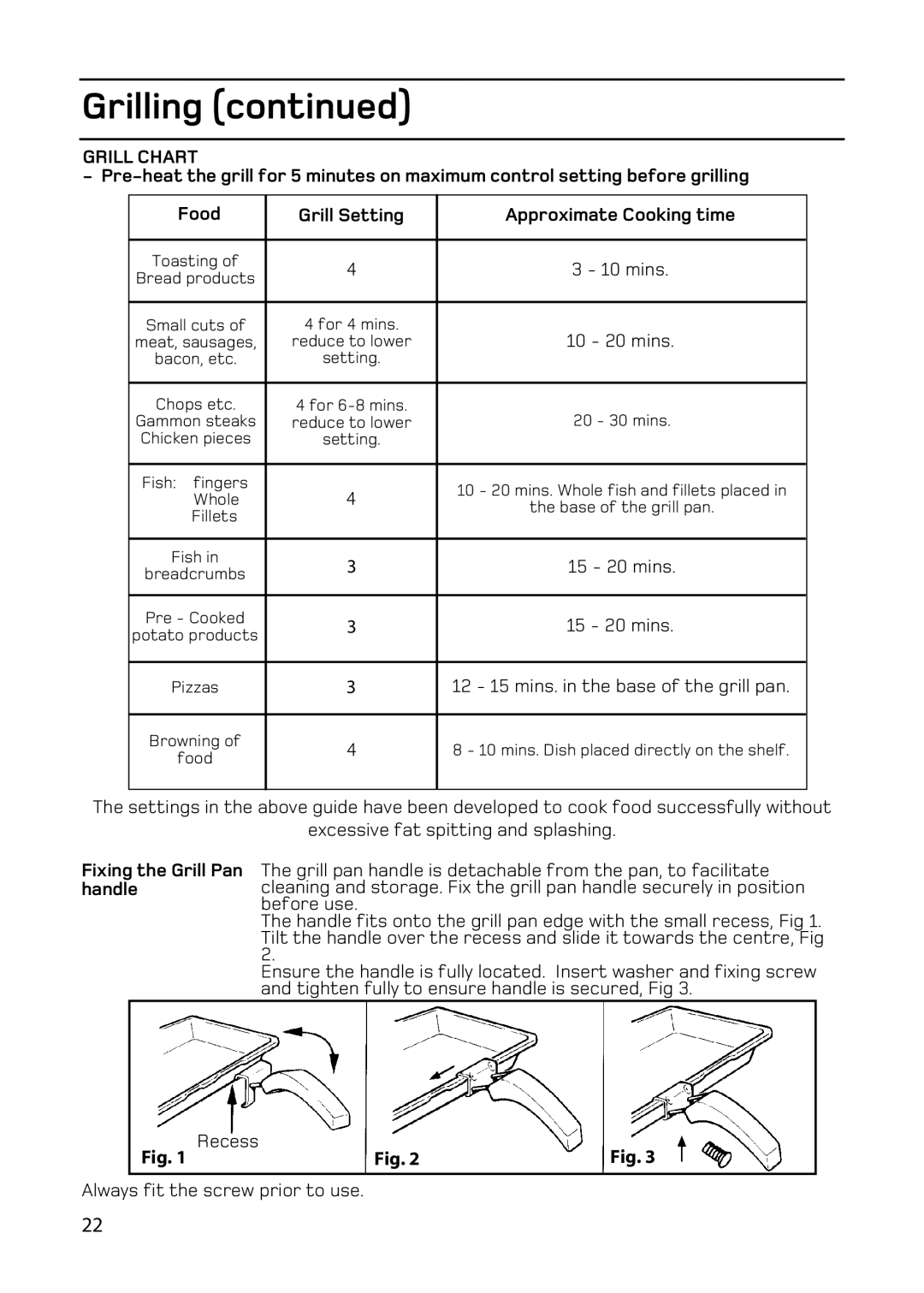 Hotpoint double oven cookers manual Fixing the Grill Pan handle, Recess 