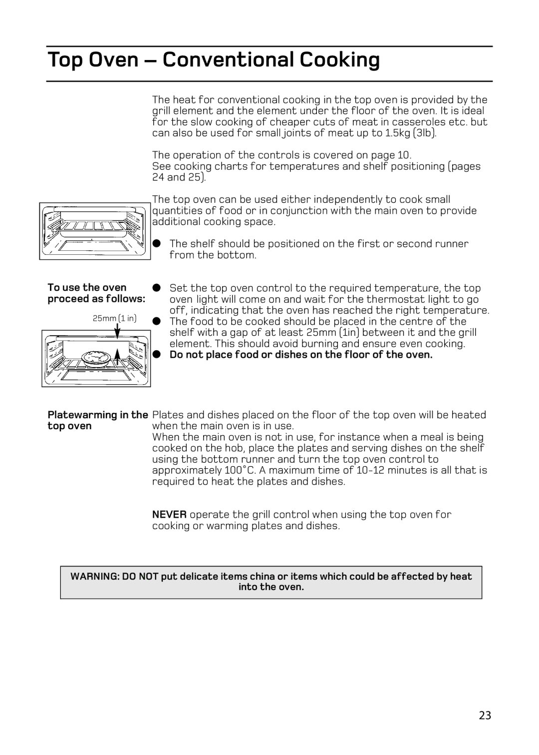 Hotpoint double oven cookers manual Top Oven Conventional Cooking, Platewarming in the top oven 