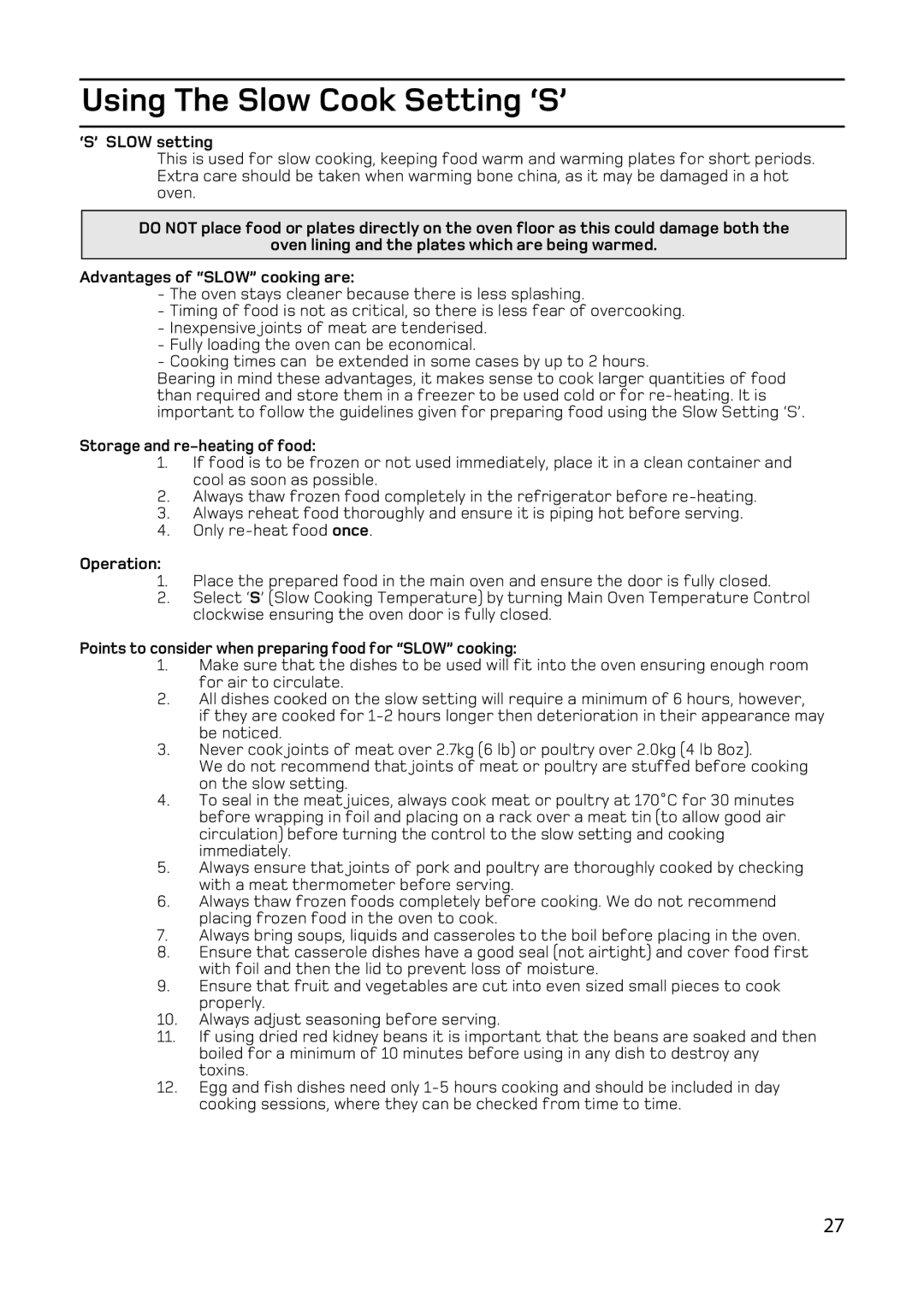 Hotpoint double oven cookers manual Using The Slow Cook Setting ‘S’ 