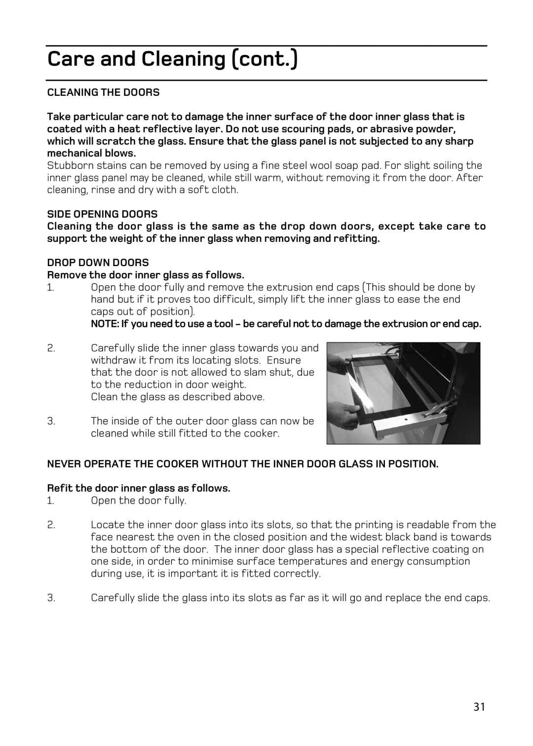 Hotpoint double oven cookers manual Cleaning the Doors, Remove the door inner glass as follows 