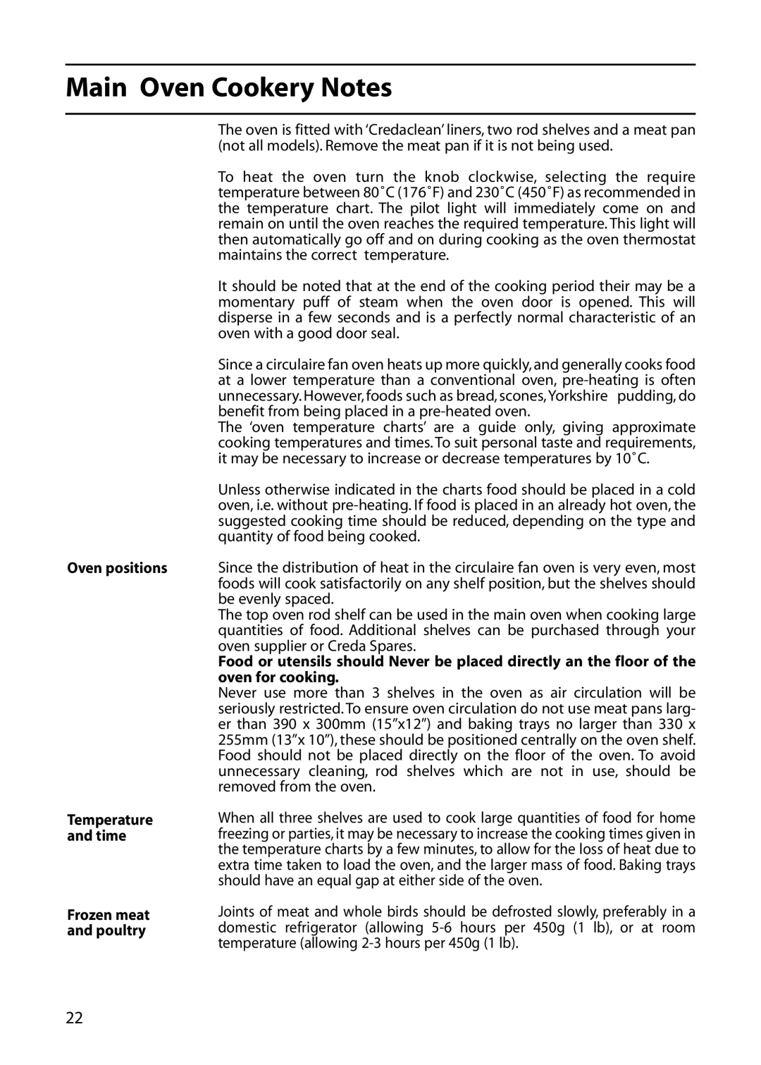 Hotpoint DOUBLE OVEN manual Main Oven Cookery Notes, Oven positions 