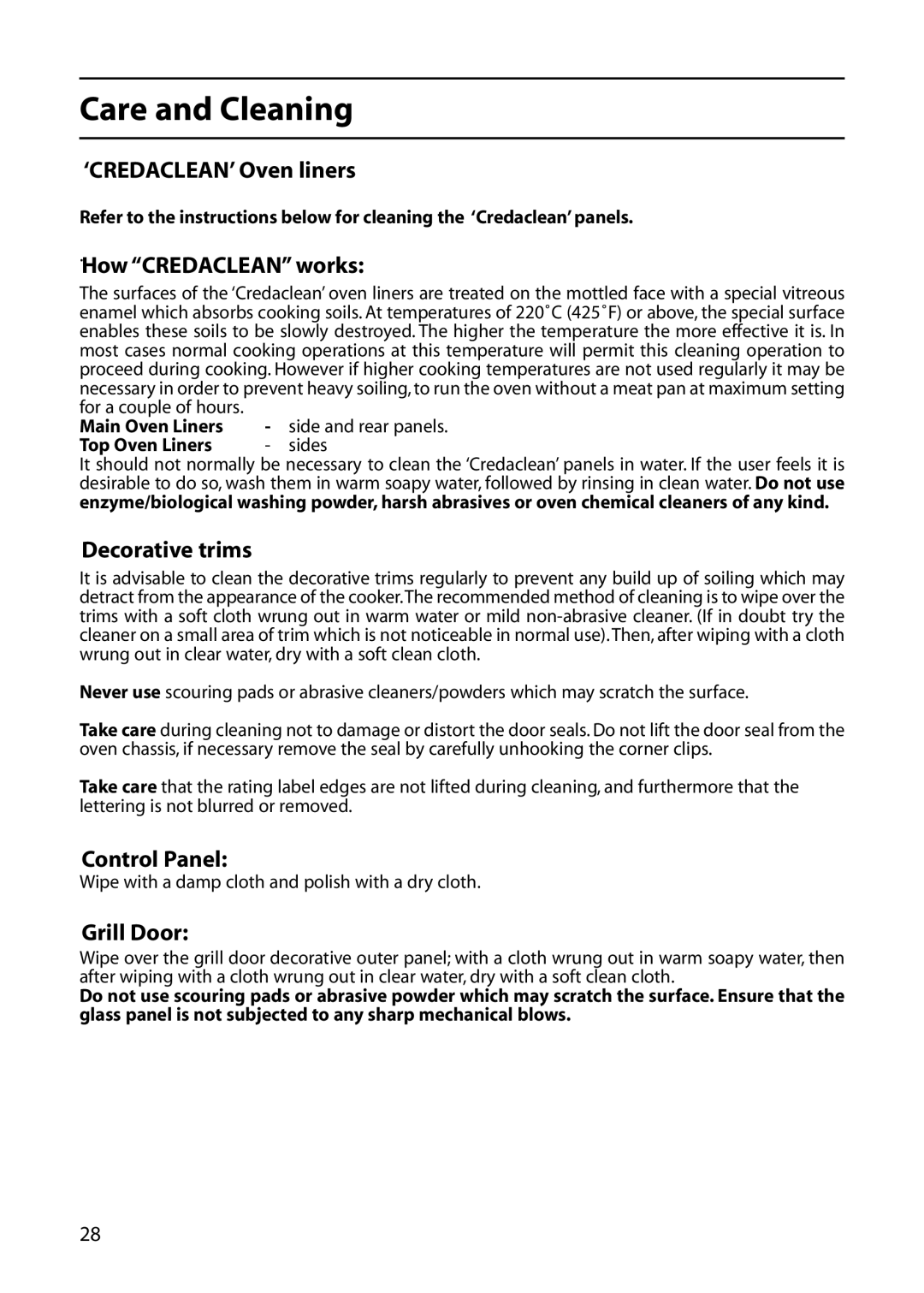 Hotpoint DOUBLE OVEN manual ‘CREDACLEAN’ Oven liners, How Credaclean works, Decorative trims, Control Panel, Grill Door 