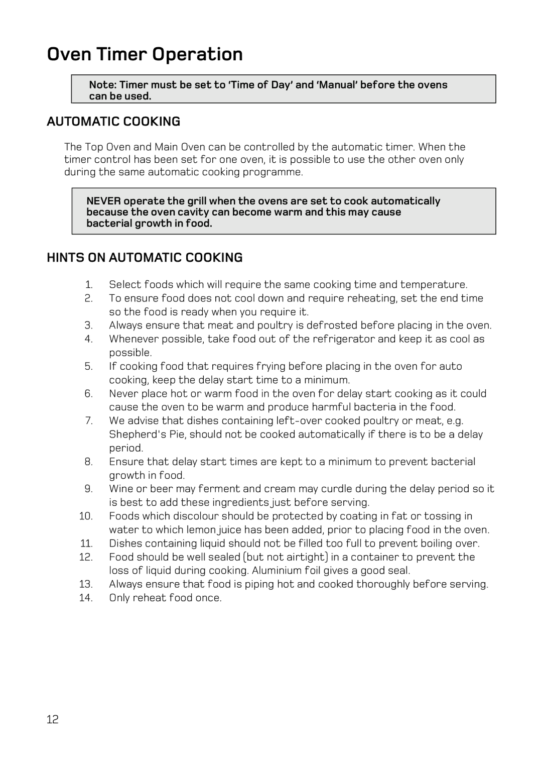 Hotpoint DQ77, DE77, DE47, DQ47 manual Oven Timer Operation, Hints on Automatic Cooking 