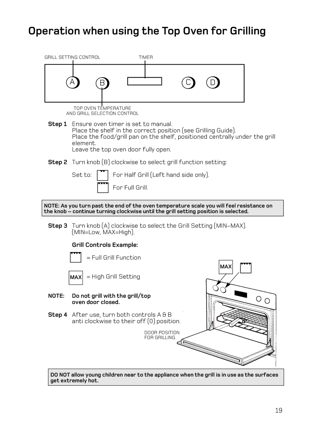 Hotpoint DQ47, DQ77, DE77, DE47 manual Operation when using the Top Oven for Grilling, Grill Controls Example 