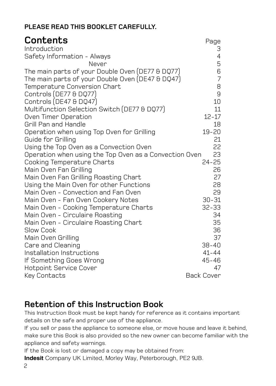 Hotpoint DE47, DQ77, DE77, DQ47 manual Contents 