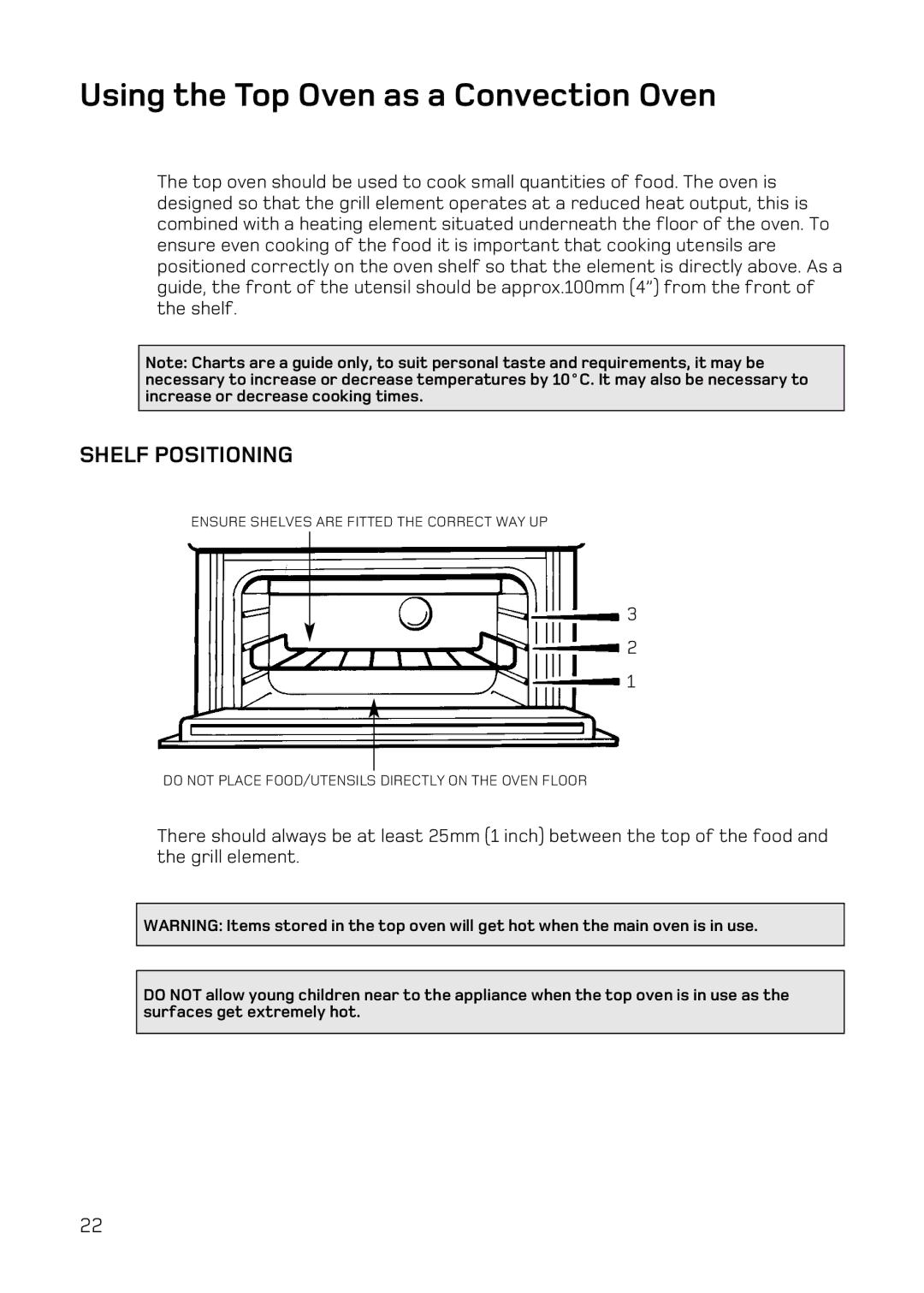 Hotpoint DE47, DQ77, DE77, DQ47 manual Using the Top Oven as a Convection Oven, Shelf Positioning 