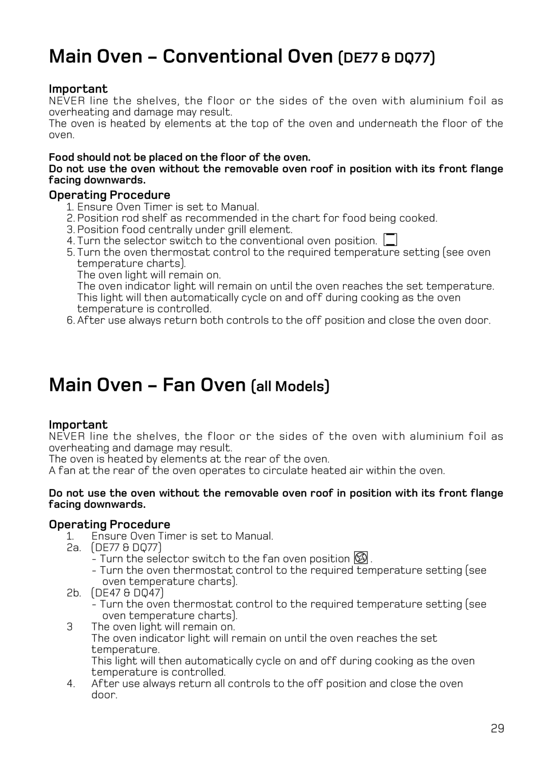 Hotpoint DE47, DQ47 manual Main Oven Conventional Oven DE77 & DQ77, Main Oven Fan Oven all Models, Operating Procedure 