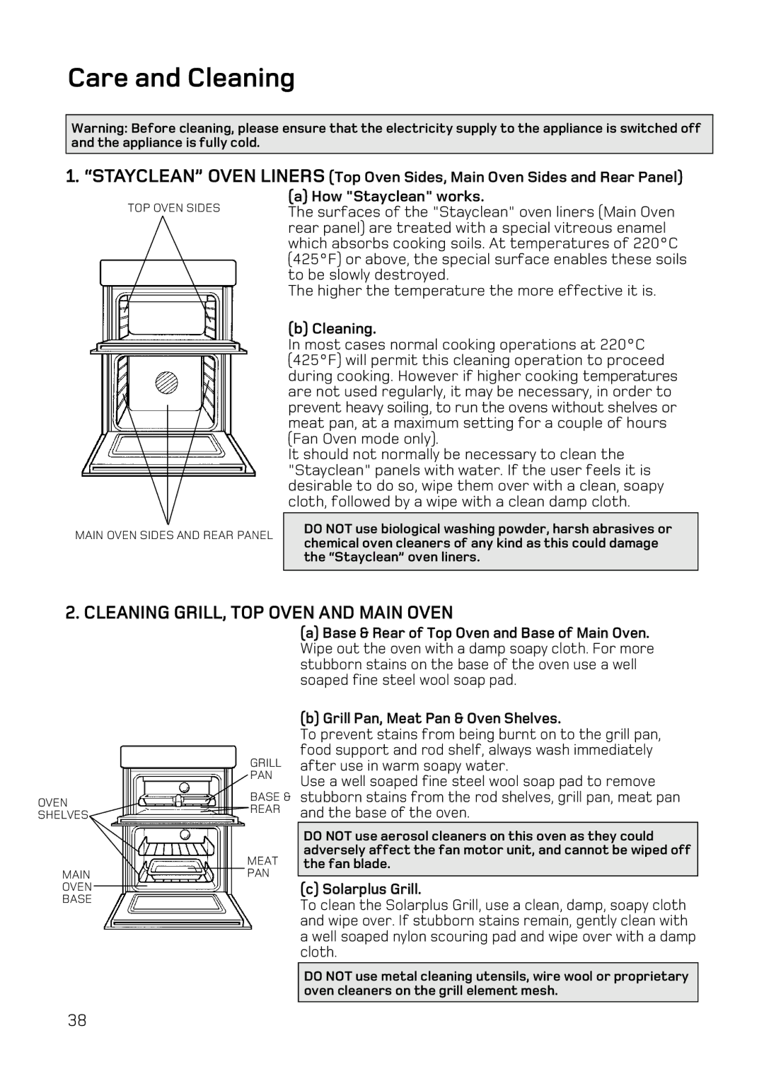 Hotpoint DE47, DQ77, DE77, DQ47 manual Care and Cleaning, Cleaning GRILL, TOP Oven and Main Oven 