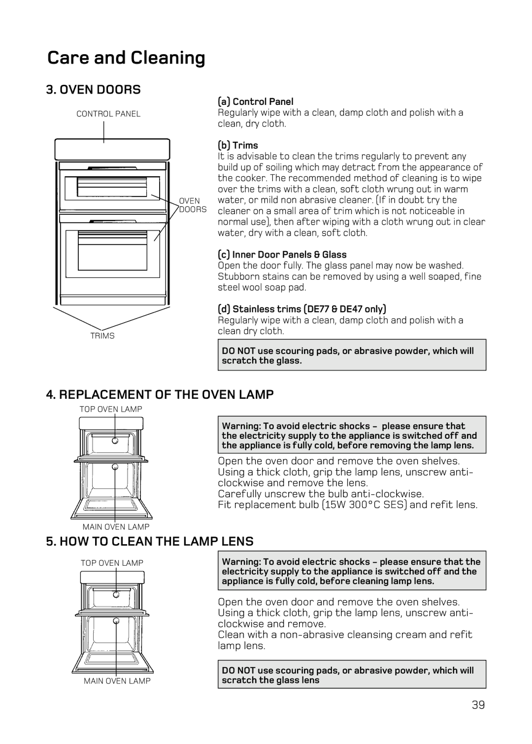 Hotpoint DQ47, DQ77, DE77, DE47 manual Oven Doors, Replacement of the Oven Lamp, HOW to Clean the Lamp Lens 