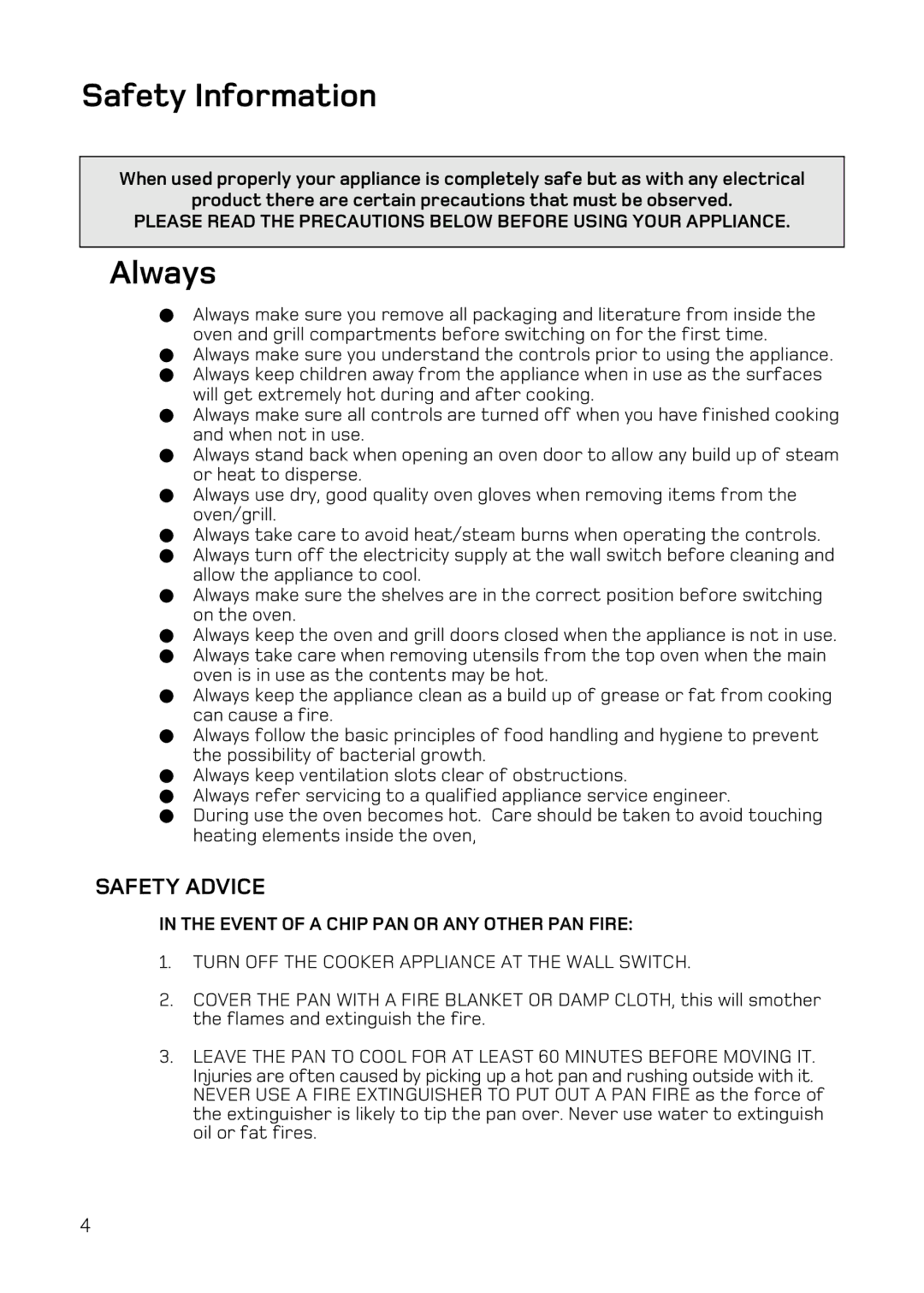 Hotpoint DQ77, DE77, DE47, DQ47 manual Safety Information, Always, Safety Advice 