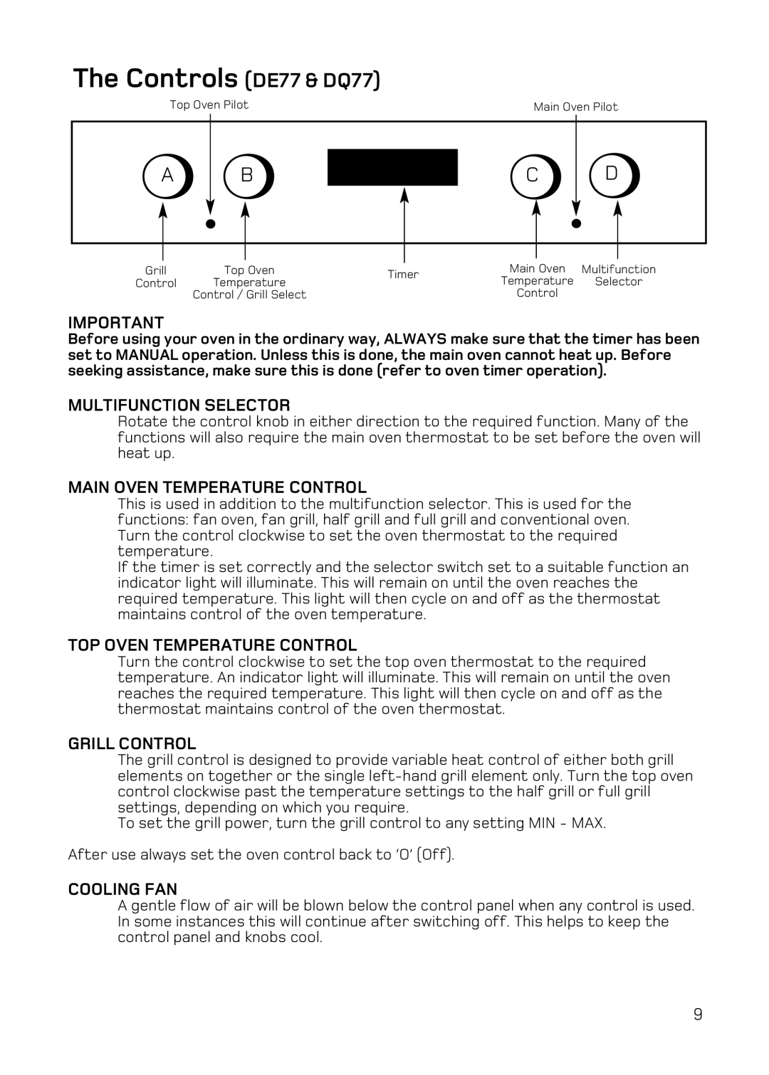 Hotpoint DE47, DQ47 manual Controls DE77 & DQ77, Multifunction Selector 