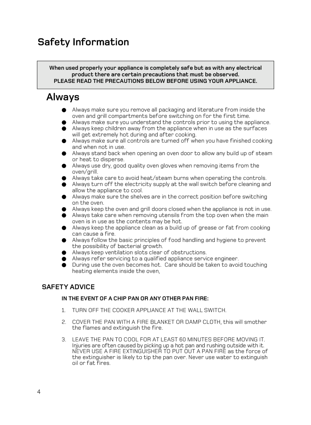 Hotpoint DE89X1, DQ89I, AHP67X manual Safety Information, Always 