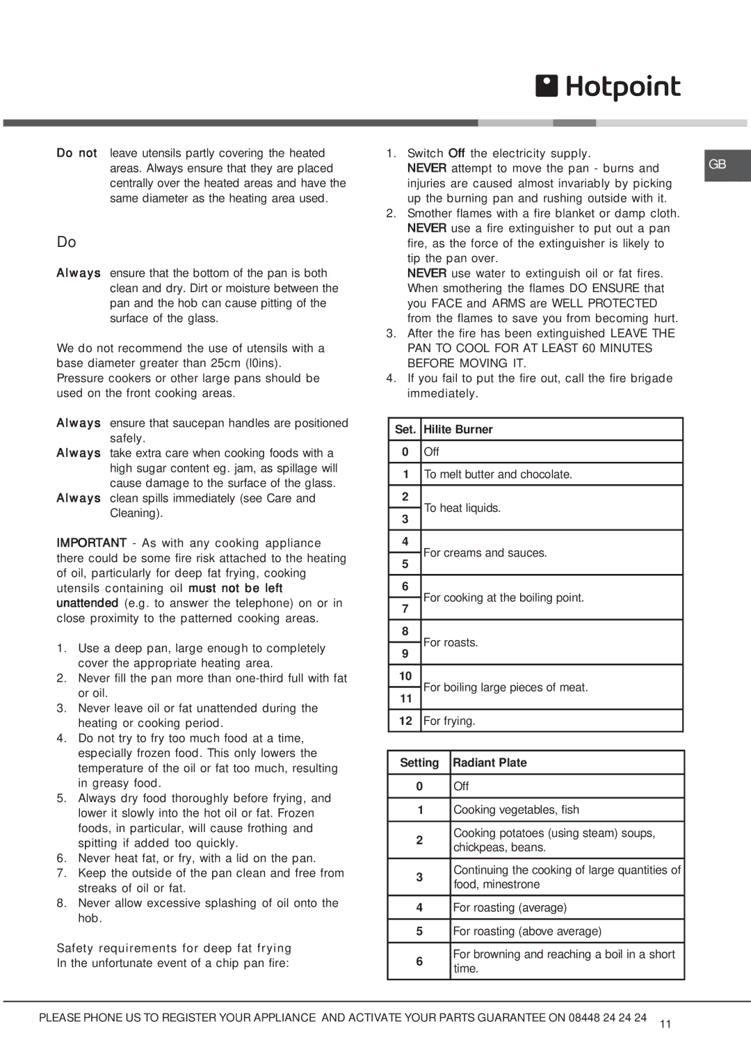 Hotpoint HUE 52GS, DSC50SS, HUE 52KS, HUE 52XS, HUE 53PS, HUE 53GS, HUE 52PS manual Safety requirements for deep fat frying, Time 