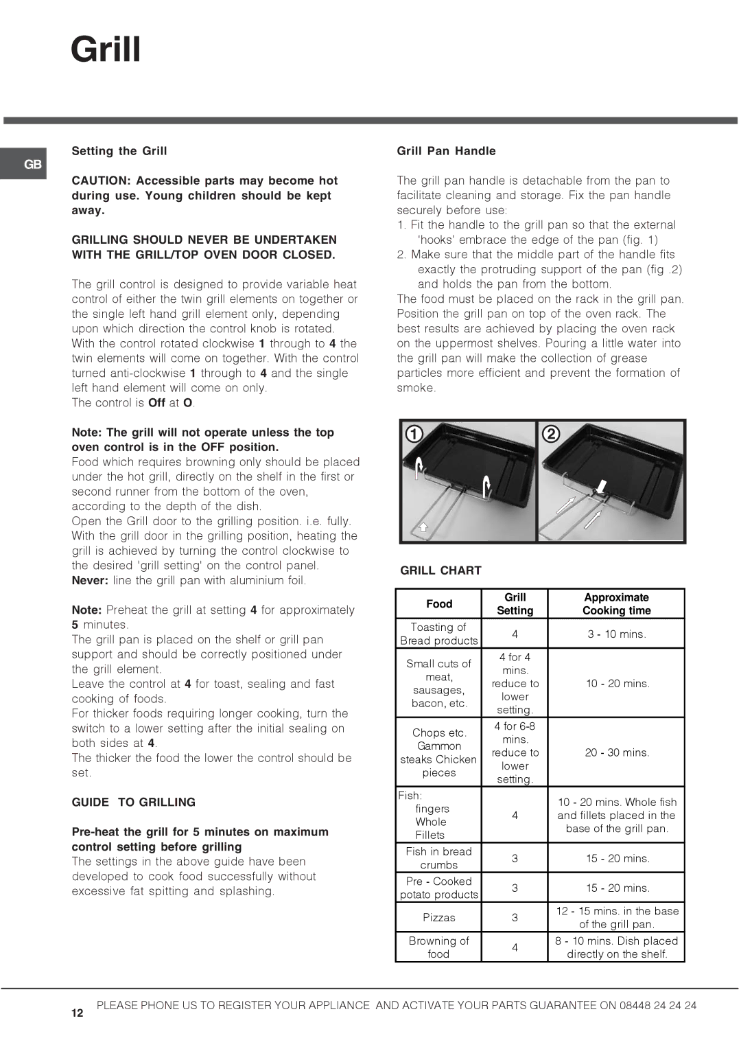 Hotpoint DSC60G manual Setting the Grill, Grill Pan Handle 