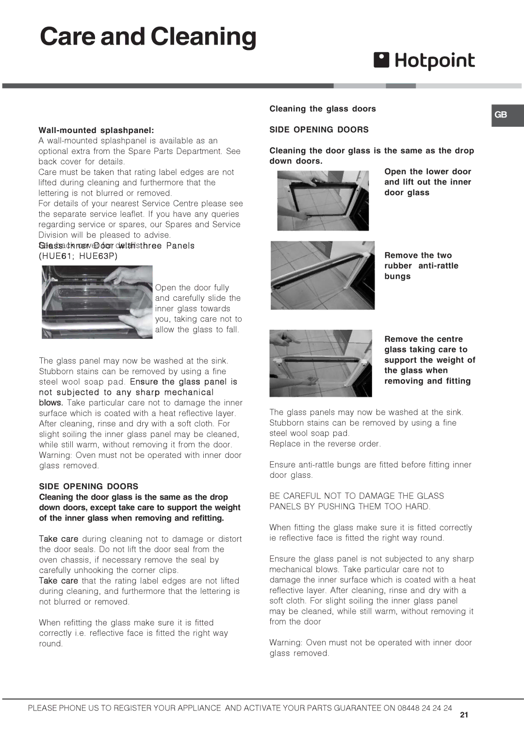 Hotpoint DSC60G manual Wall-mounted splashpanel Cleaning the glass doors, Side Opening Doors 