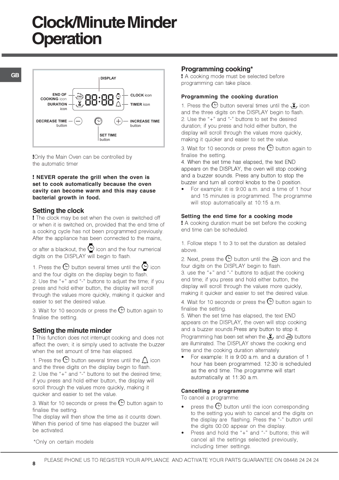 Hotpoint DSC60G manual Programming cooking, Setting the clock, Setting the minute minder 