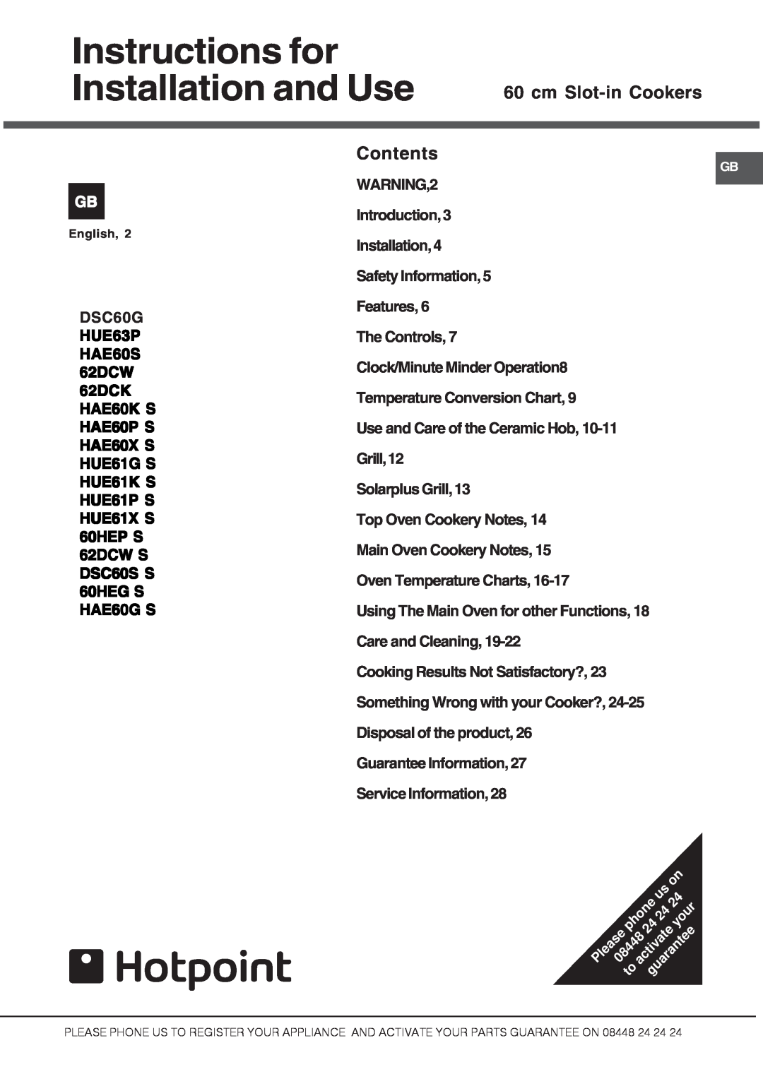 Hotpoint DSC60G manual Instructions for Installation and Use, cm Slot-inCookers, Contents, HUE63P HAE60S 62DCW 