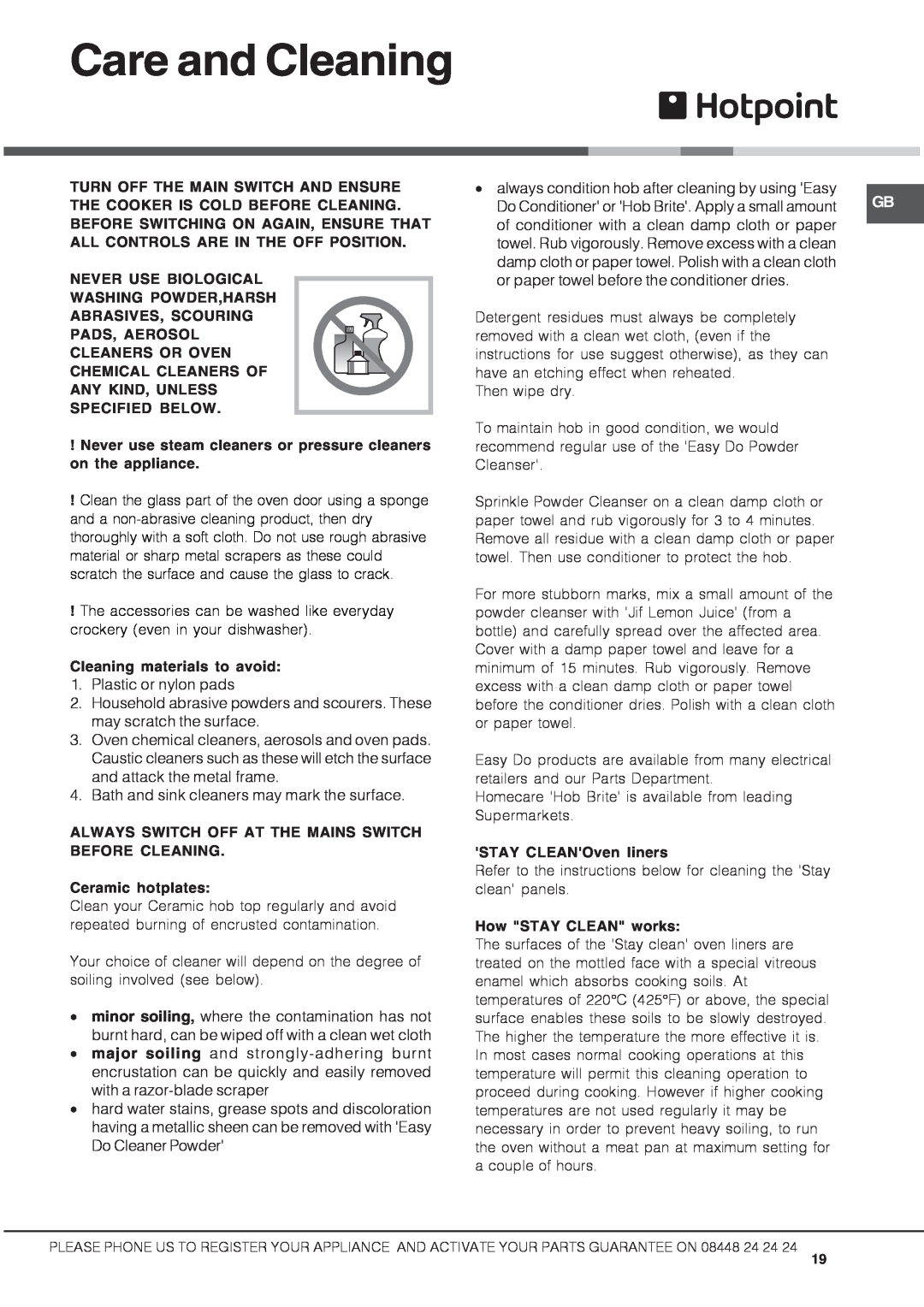 Hotpoint DSC60G manual Care and Cleaning 