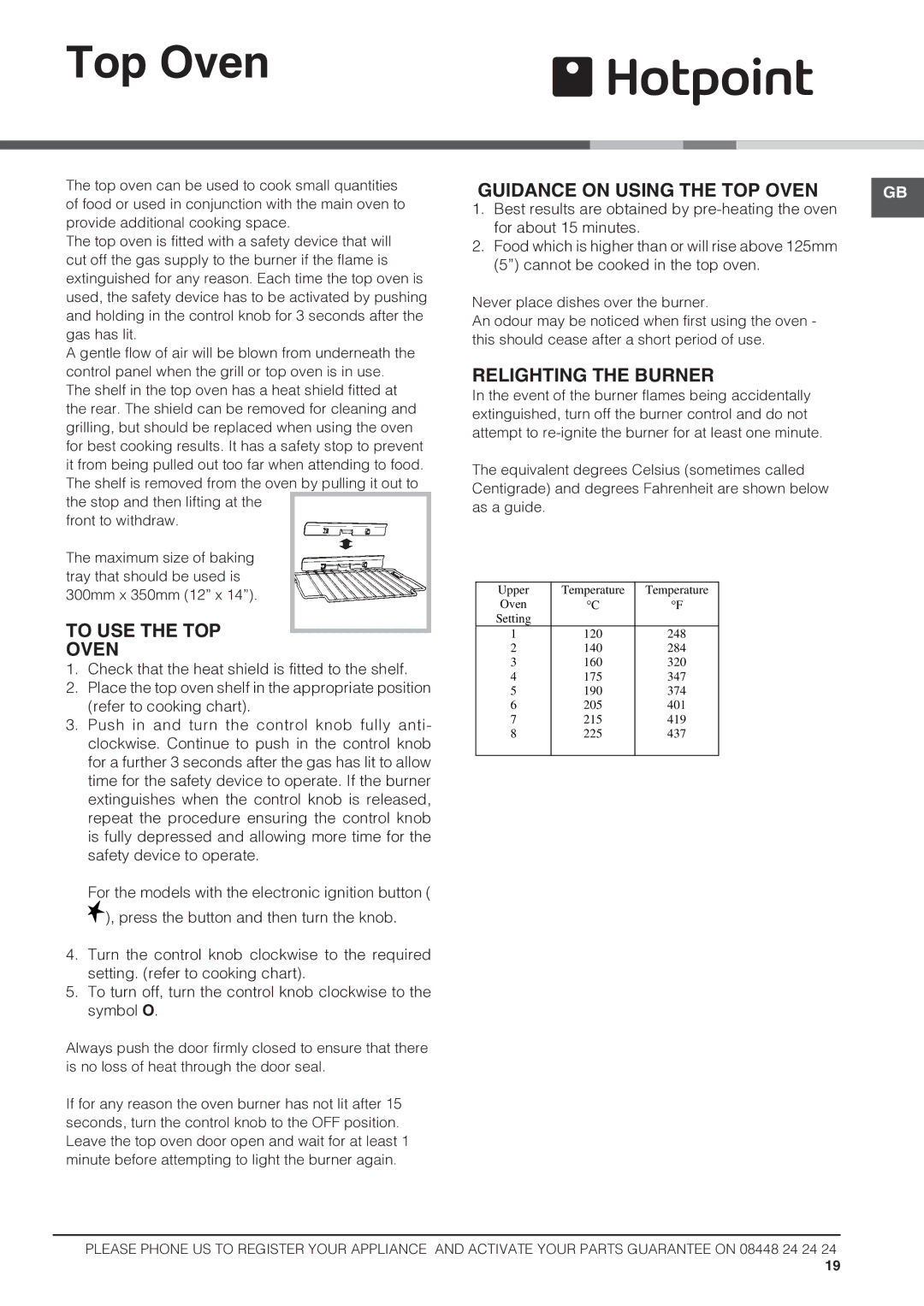 Hotpoint HAG60P, DSG60S, HUG61P, HUG61X Top Oven, To USE the TOP Oven, Guidance on Using the TOP Oven, Relighting the Burner 