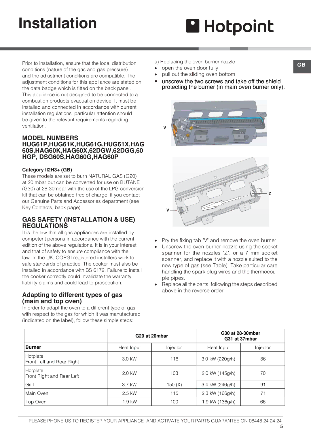 Hotpoint HAG60P, 60HGP GAS Safety Installation & USE Regulations, Adapting to different types of gas main and top oven 