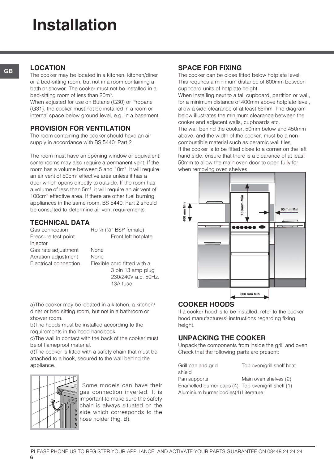 Hotpoint HAG60G, DSG60S, HUG61P GB Location, Provision for Ventilation, Technical Data, Space for Fixing, Cooker Hoods 