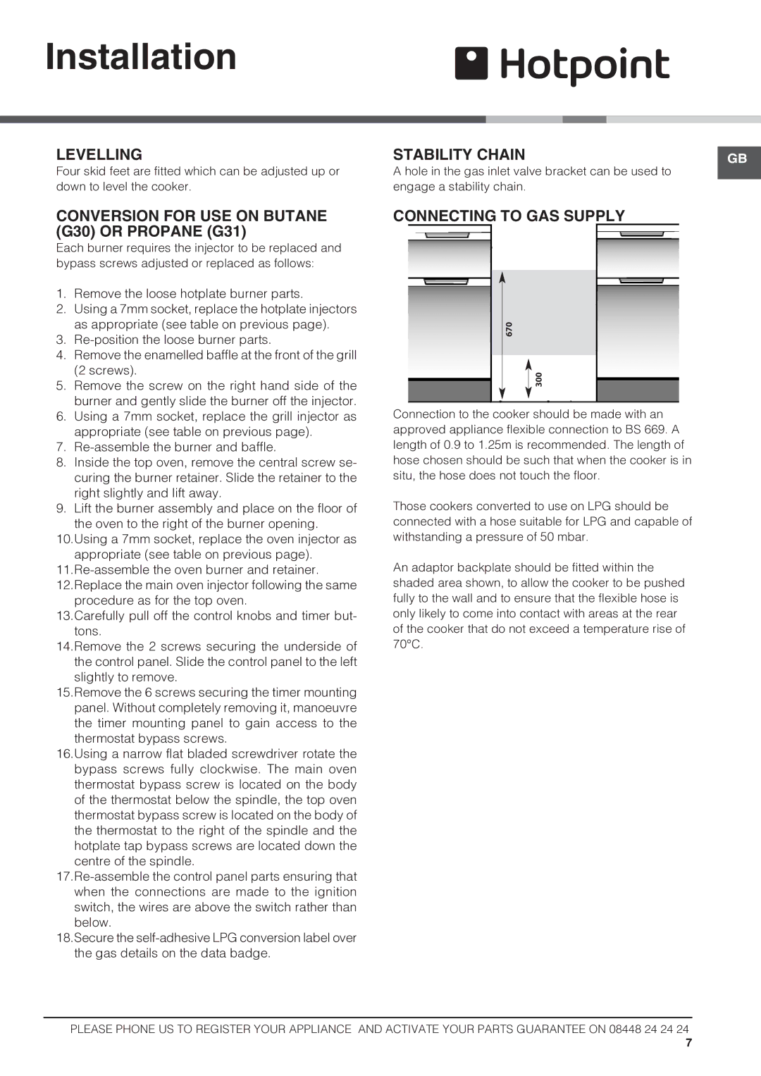 Hotpoint HAG60S Levelling, Conversion for USE on Butane G30 or Propane G31, Stability Chain, Connecting to GAS Supply 