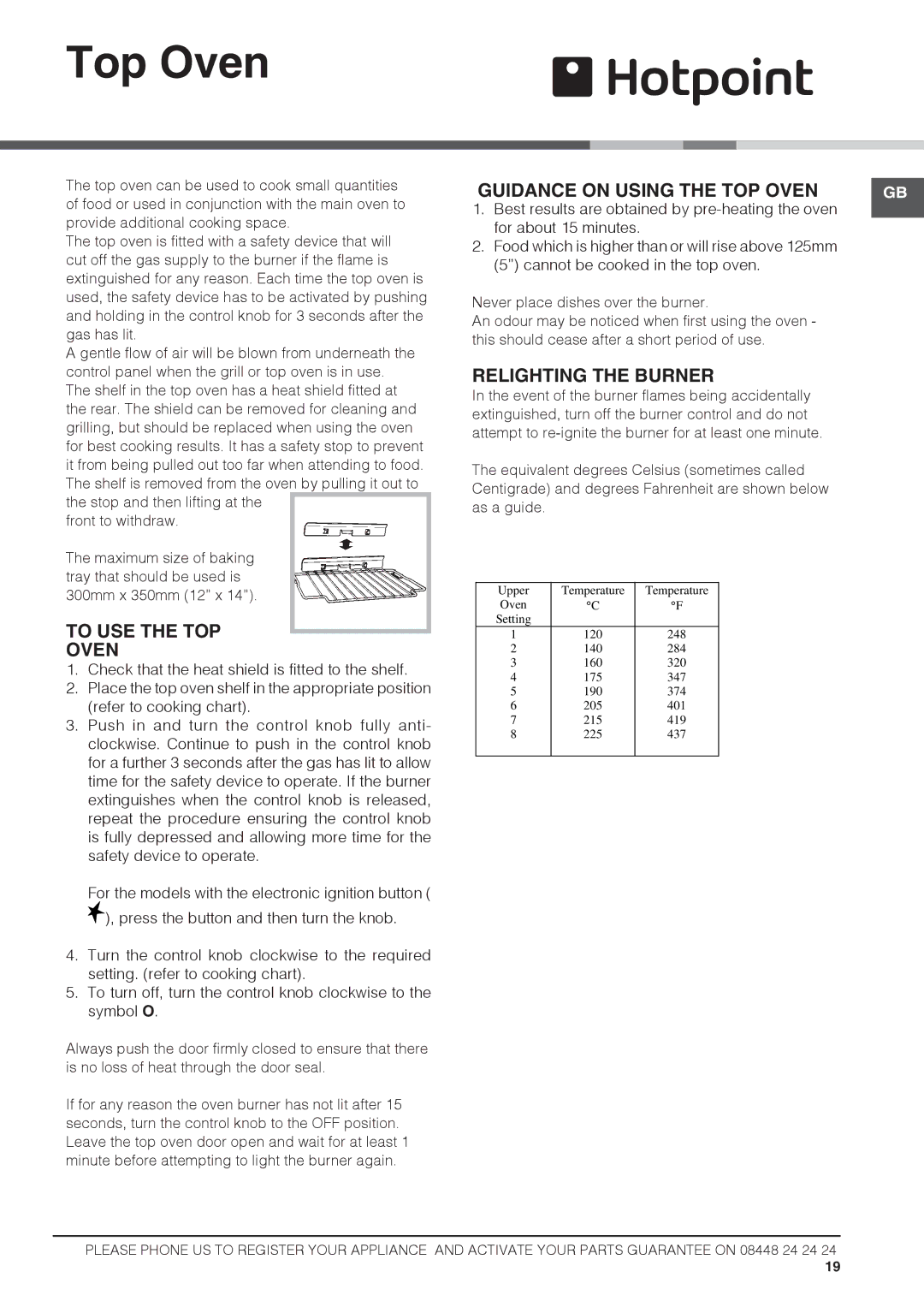 Hotpoint HUL61K, DSG60S, HUG61P, HUL61X Top Oven, To USE the TOP Oven, Guidance on Using the TOP Oven, Relighting the Burner 