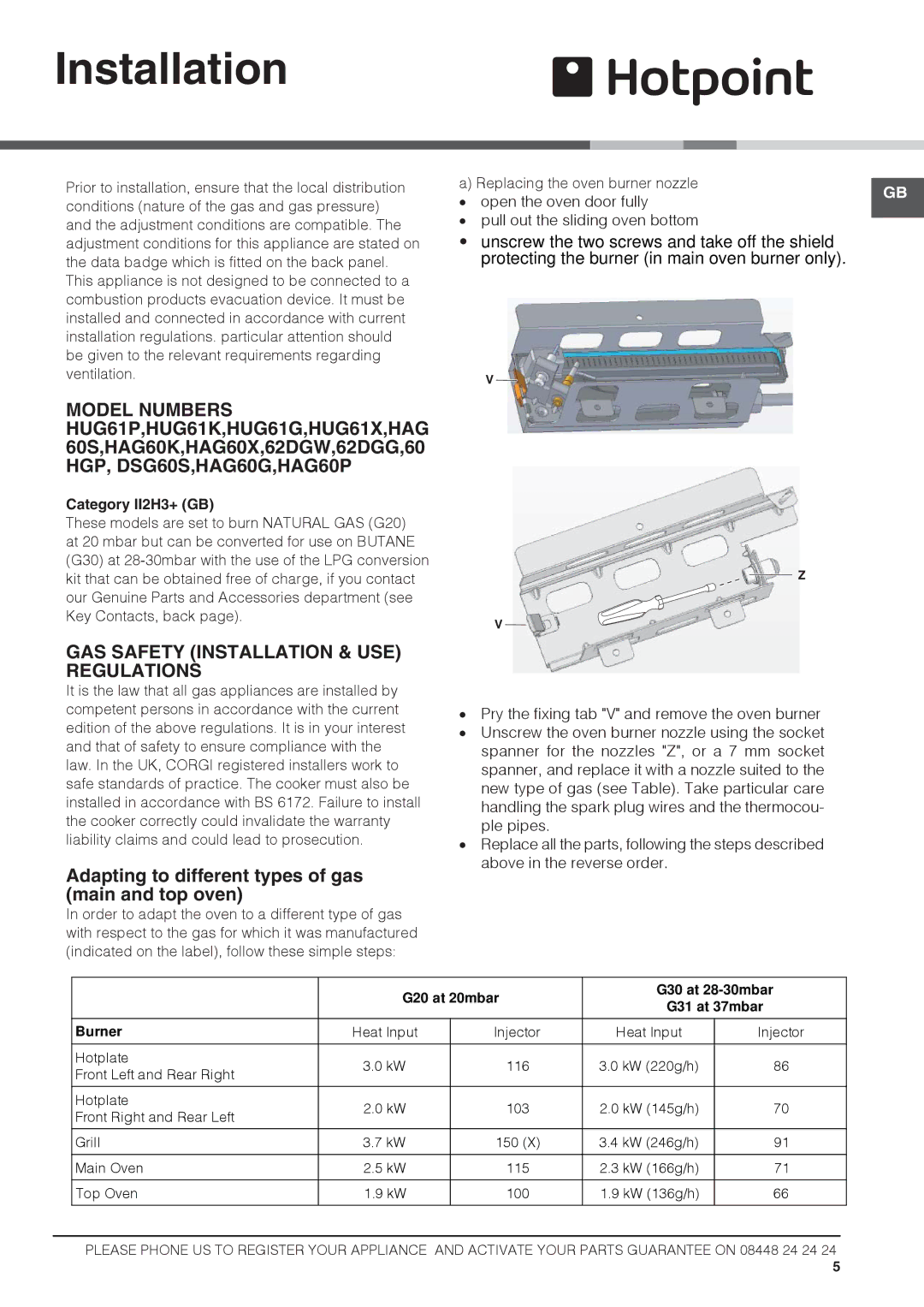 Hotpoint HUG61G, 60HGP GAS Safety Installation & USE Regulations, Adapting to different types of gas main and top oven 